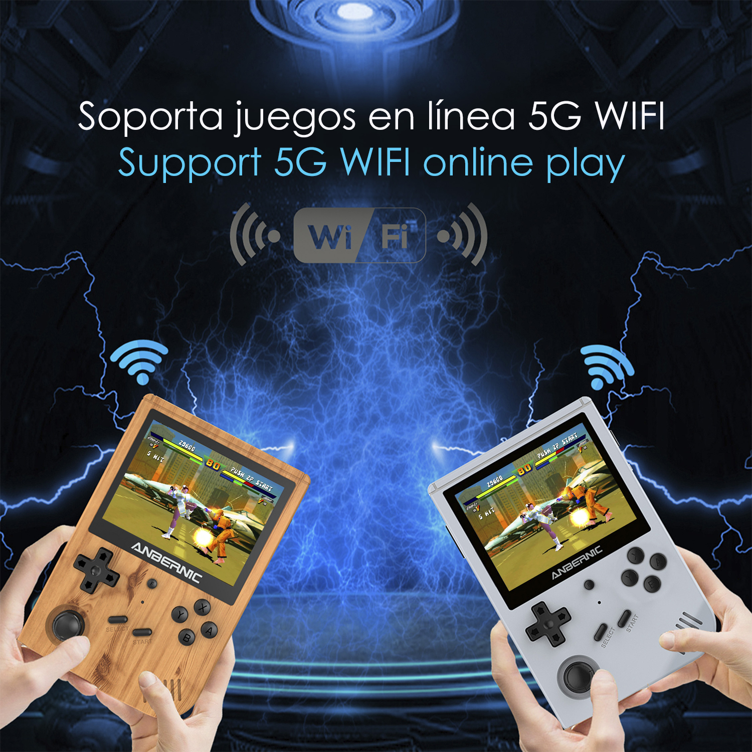 Due console portatili che mostrano giochi sono tenute in mano. Simboli Wi-Fi e fulmini dietro di loro.
