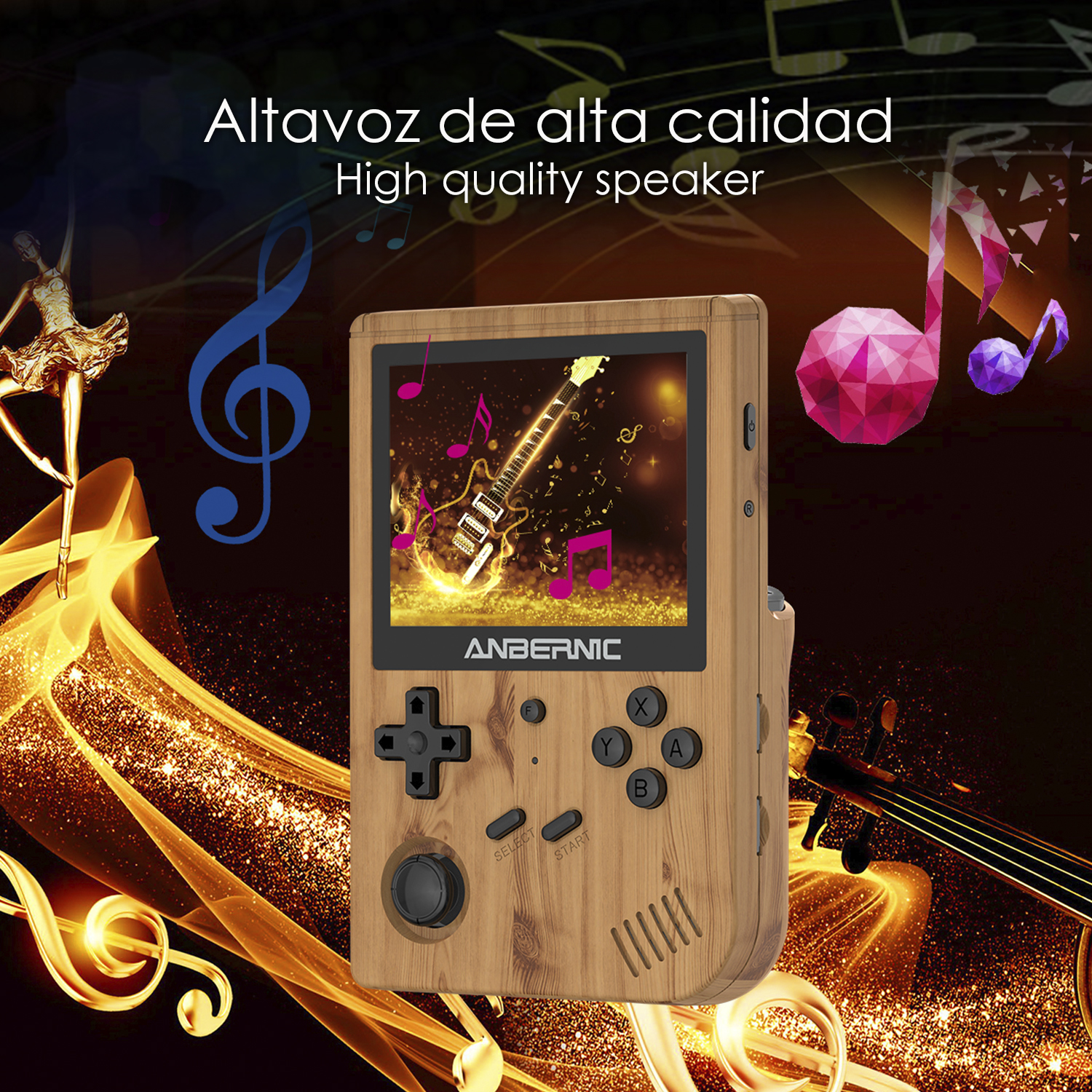 Console di gioco portatile retrò in legno con grafica di chitarra.