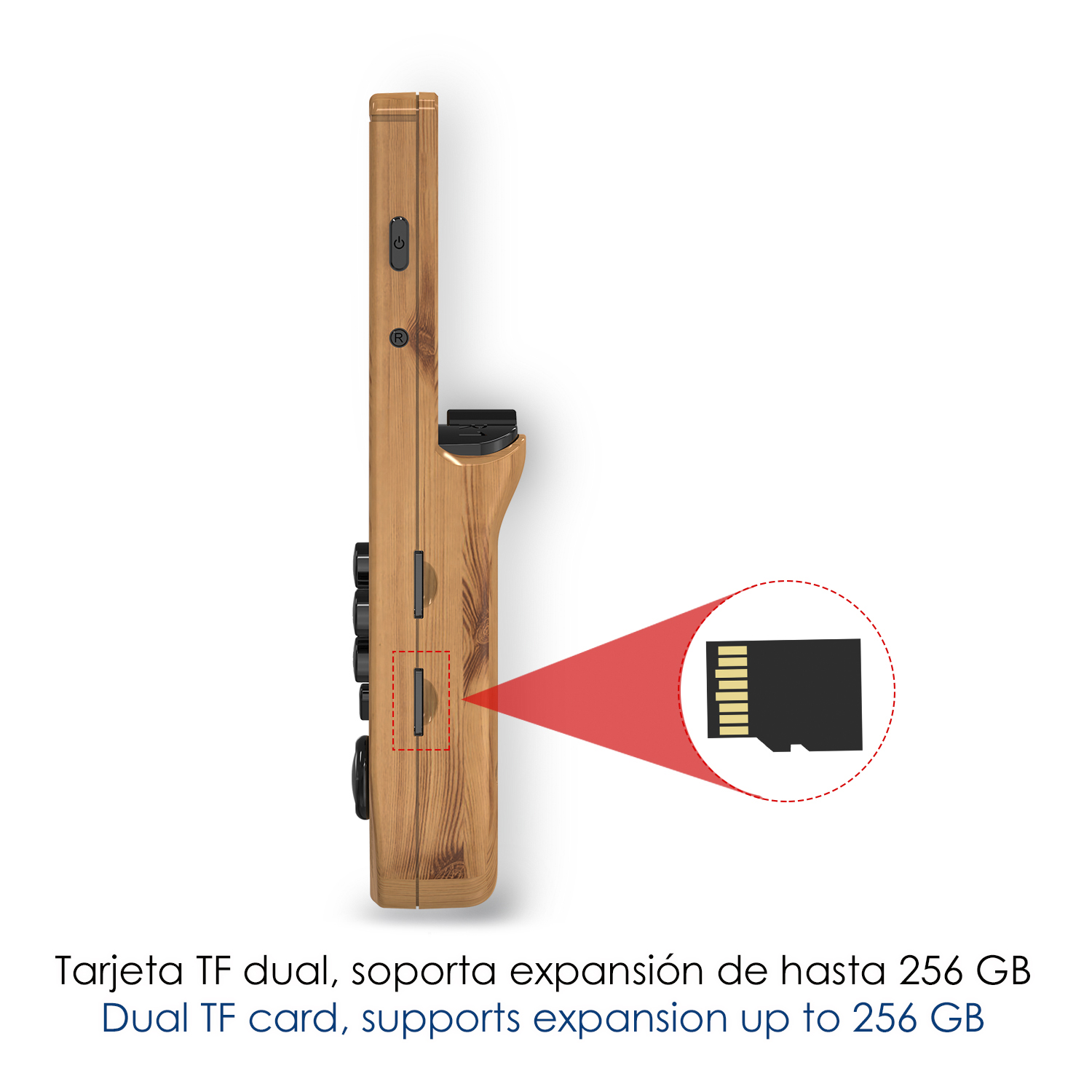 Vista laterale di una console di gioco portatile in legno, con icona rossa scheda SD.
