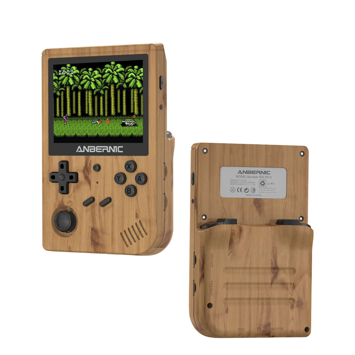 Una console di gioco portatile in legno con pulsanti e uno schermo che mostra un gioco. Due viste.