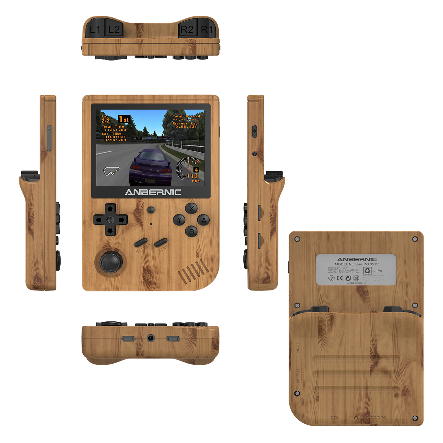 Console di gioco portatile in legno con gioco di corse. Tasti e controlli visibili.