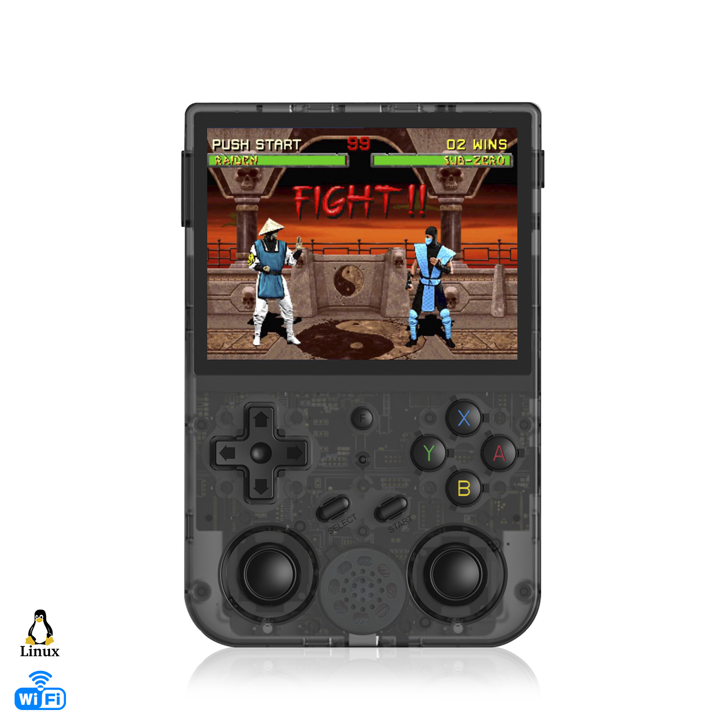 Dispositivo di gioco portatile con schermo, pulsanti e controlli. Viene visualizzato un gioco.