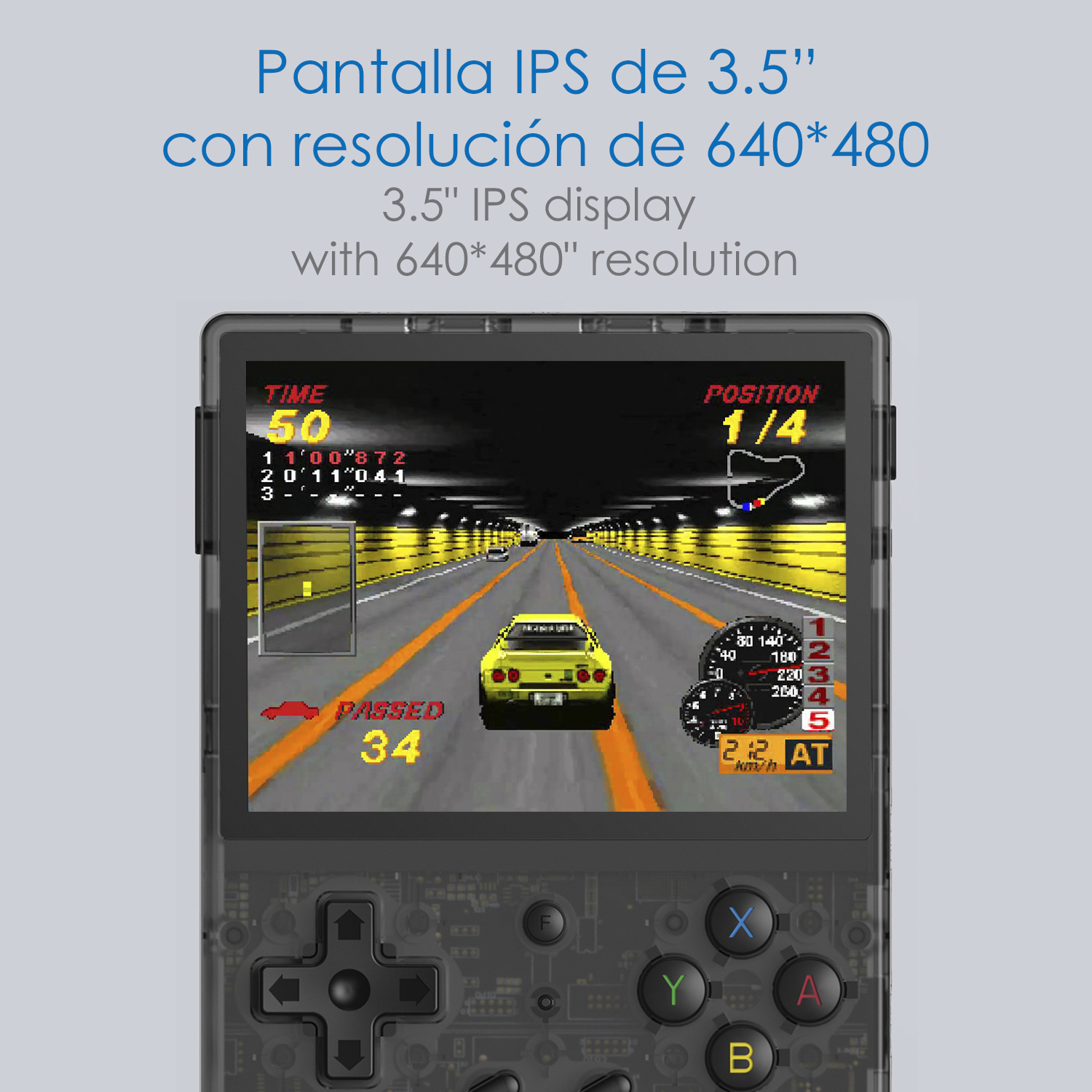 Un dispositivo di gioco portatile con uno schermo che mostra un gioco di corse.