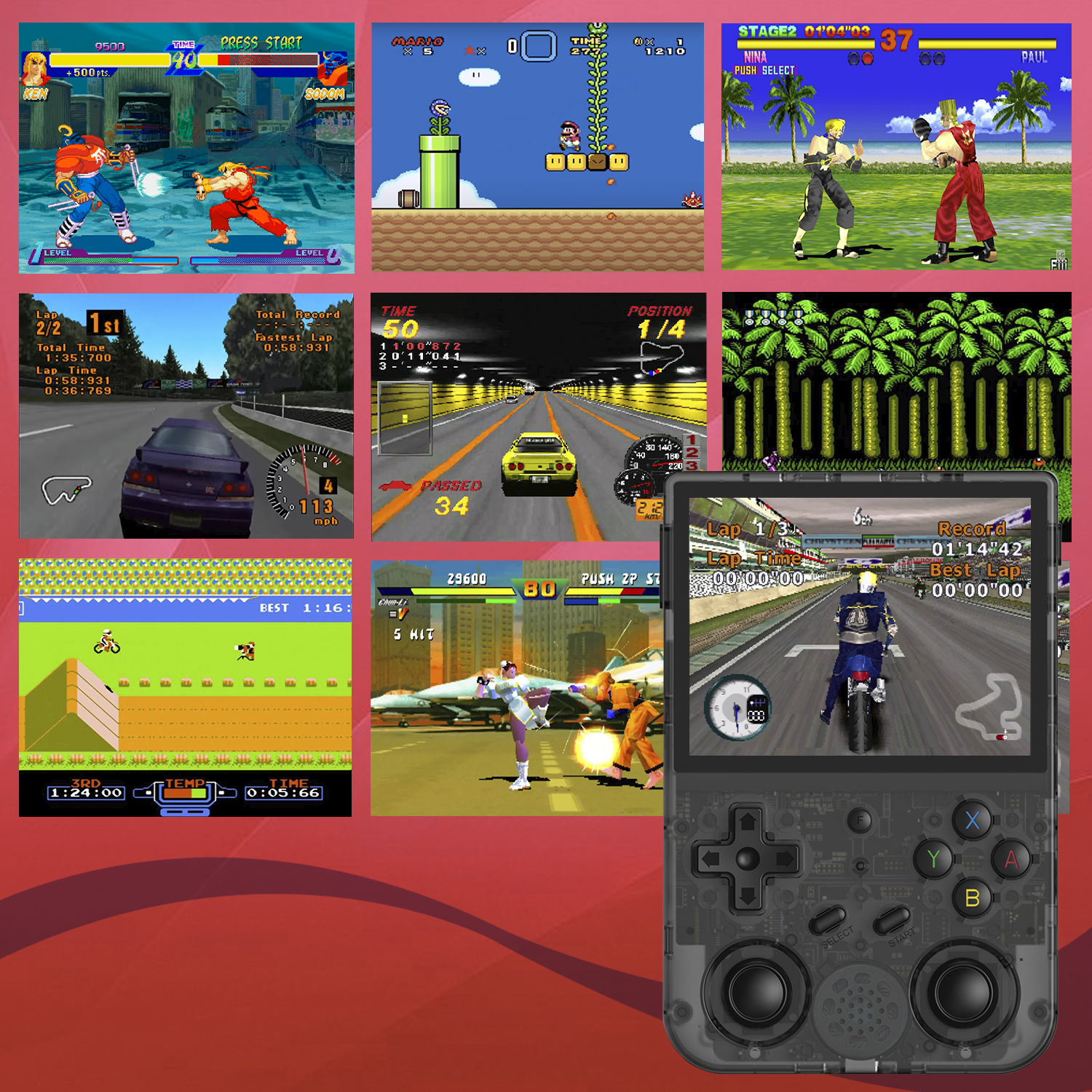 Una console di gioco portatile che mostra più giochi retrò. Varie scene di gioco sono visibili.