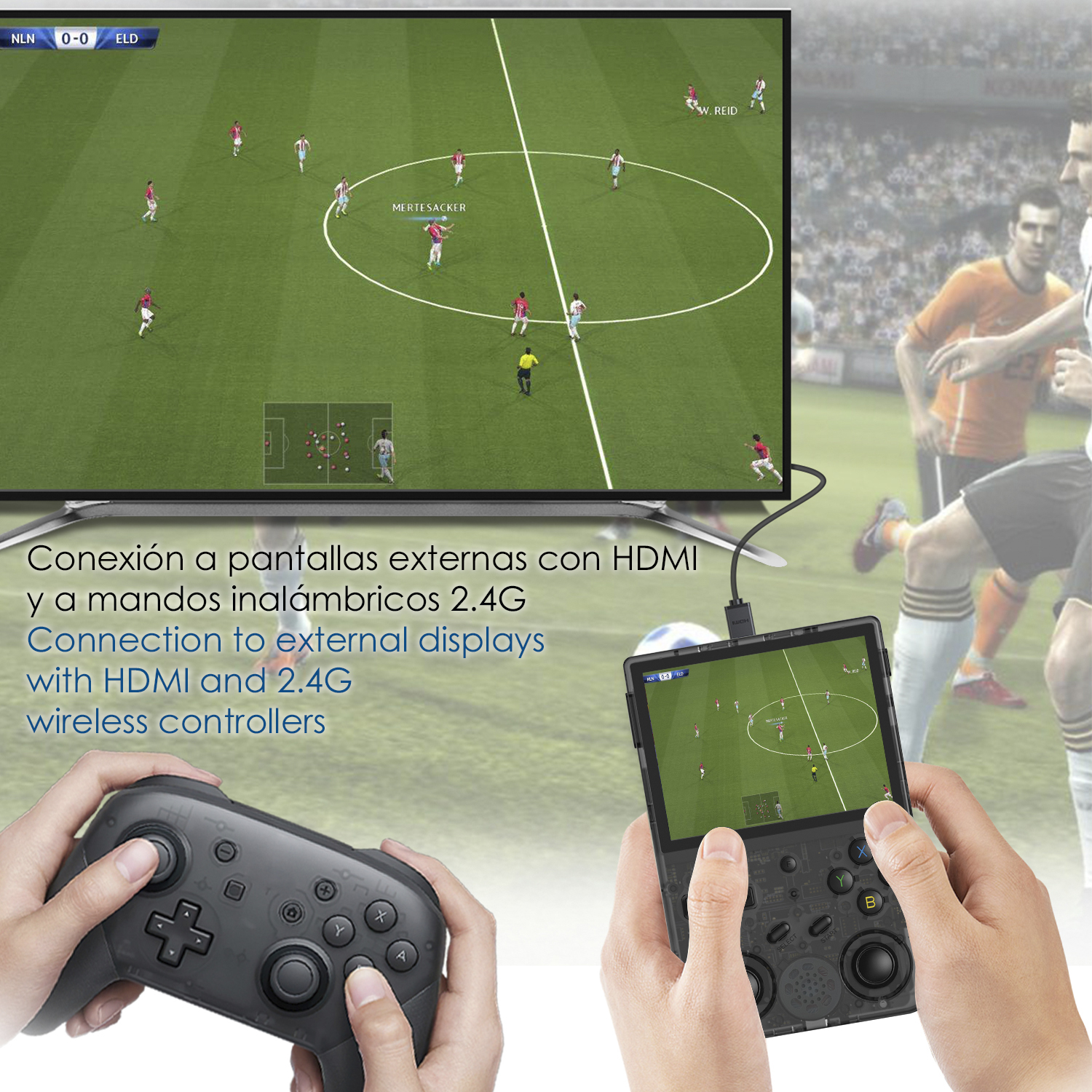 Mani che tengono un controller e una console portatile, entrambi mostrano una partita di calcio. Anche uno schermo TV mostra il gioco.