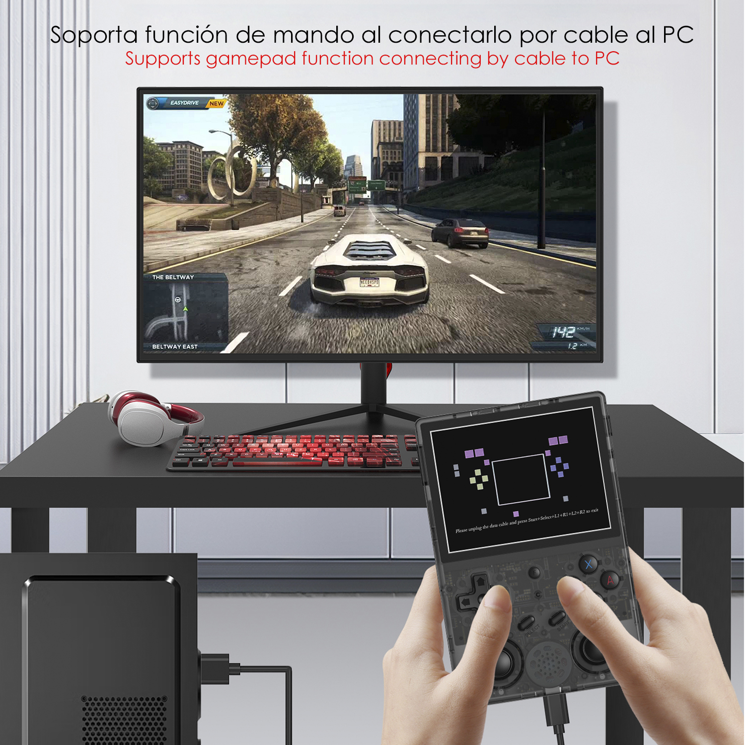 Una persona tiene in mano una console portatile collegata a un monitor. Un gioco è visualizzato su entrambi gli schermi.