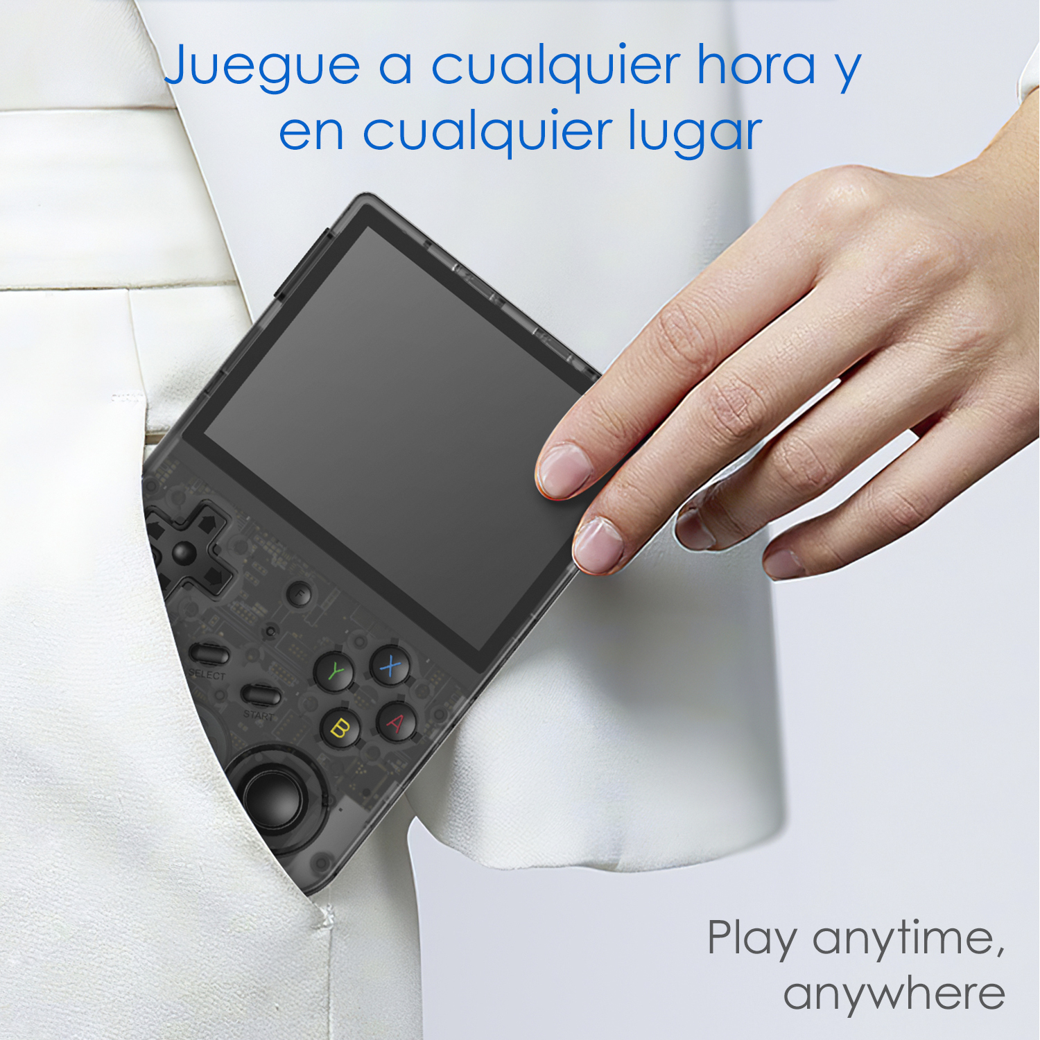 Mano che mette una console di gioco nera in tasca. Testo: Gioca sempre e ovunque.