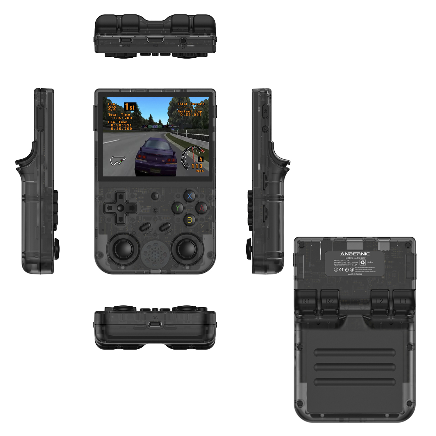 Multiple viste di una console di gioco portatile nera trasparente. Mostra un gioco di corse.