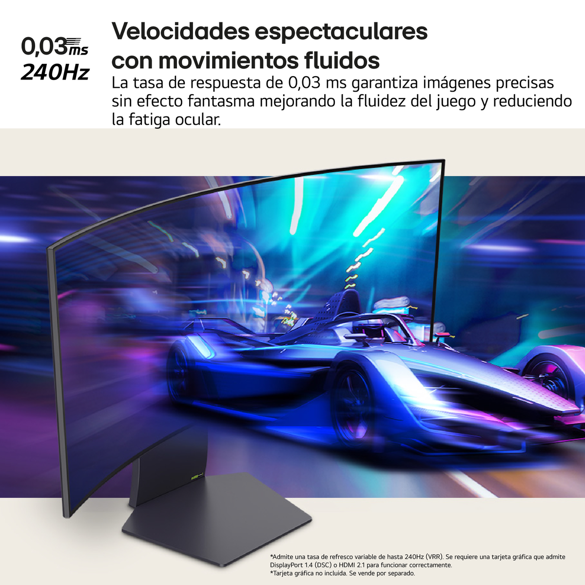 Zakrzywiony monitor wyświetla scenę wyścigu samochodowego z dynamiczną, rozmytą grafiką.