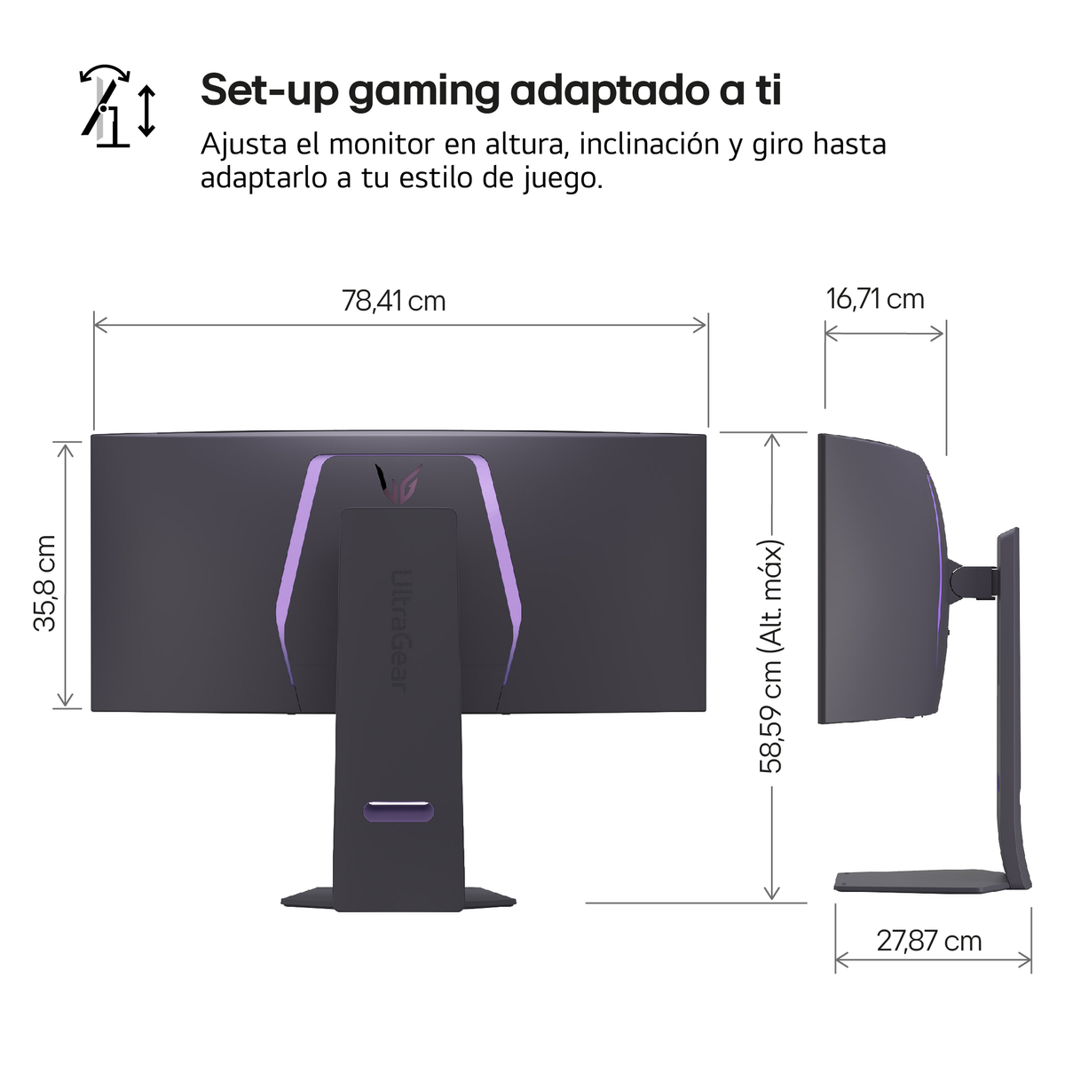 Monitor pokazujący wymiary, wysokość i szerokość. Monitor jest czarny z fioletowym podświetleniem.