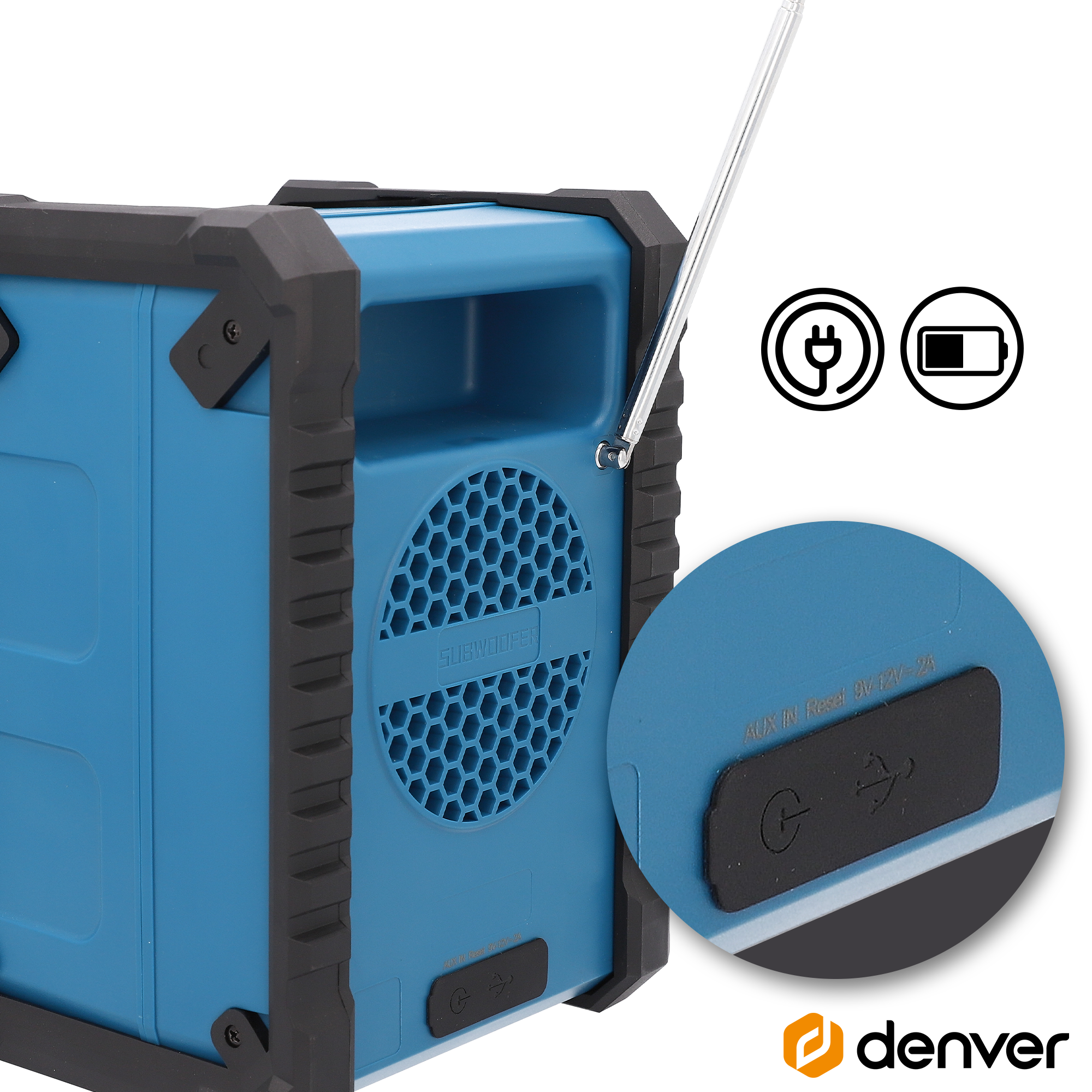 Niebiesko-czarny głośnik przenośny z anteną oraz szczegółami elementów sterujących i logo.