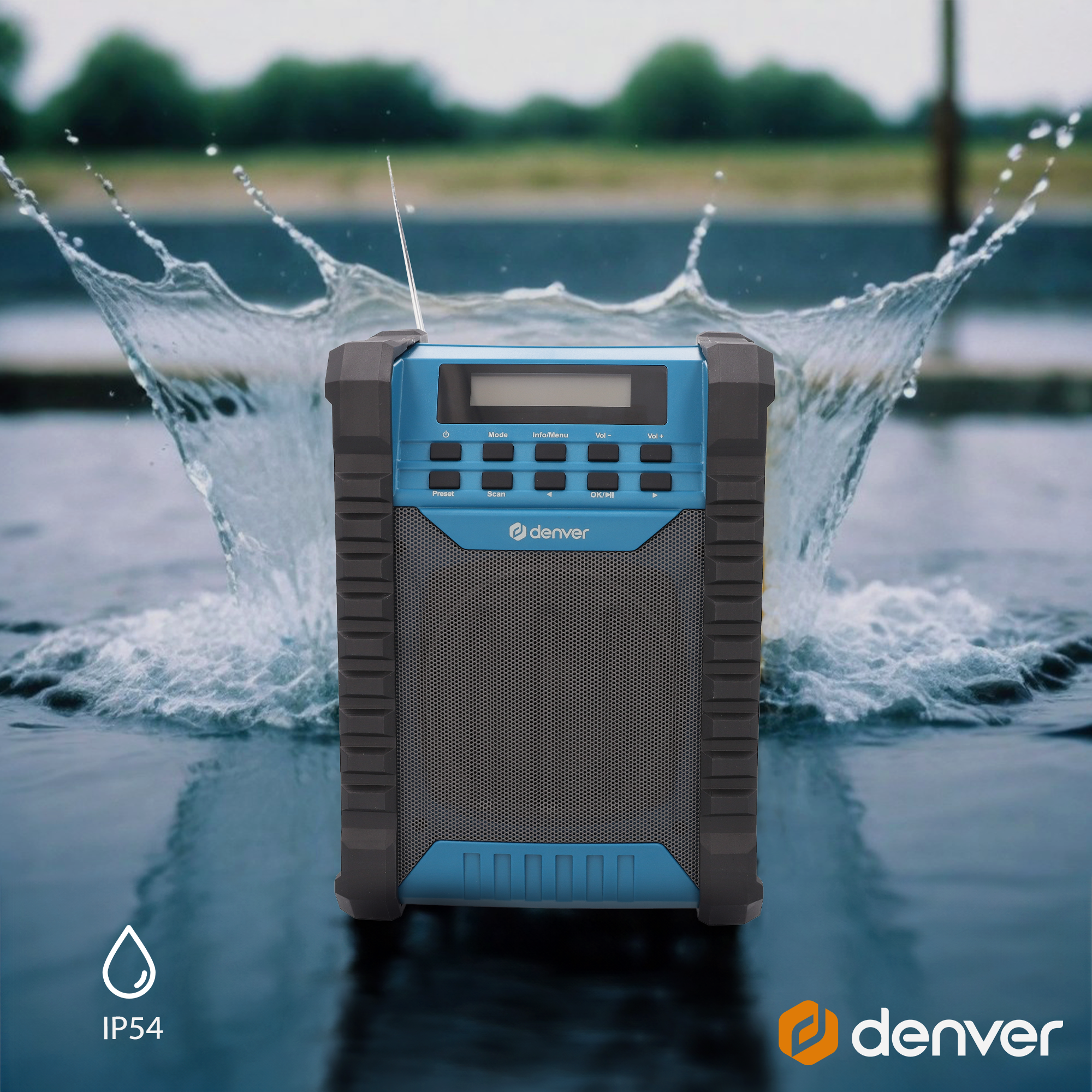 Niebieskie i szare przenośne radio. Rozprysk wody w tle. Tekst: IP54.