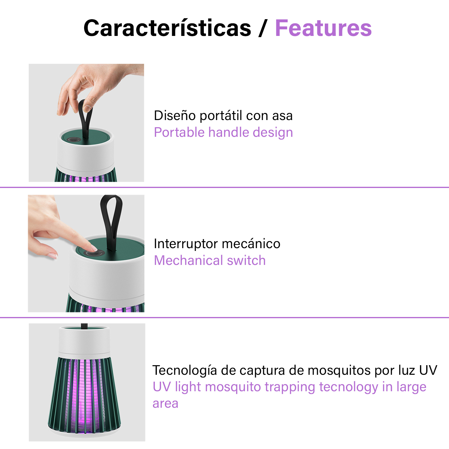 Imagen que muestra las características de un matamoscas: asa portátil, interruptor mecánico y luz ultravioleta.