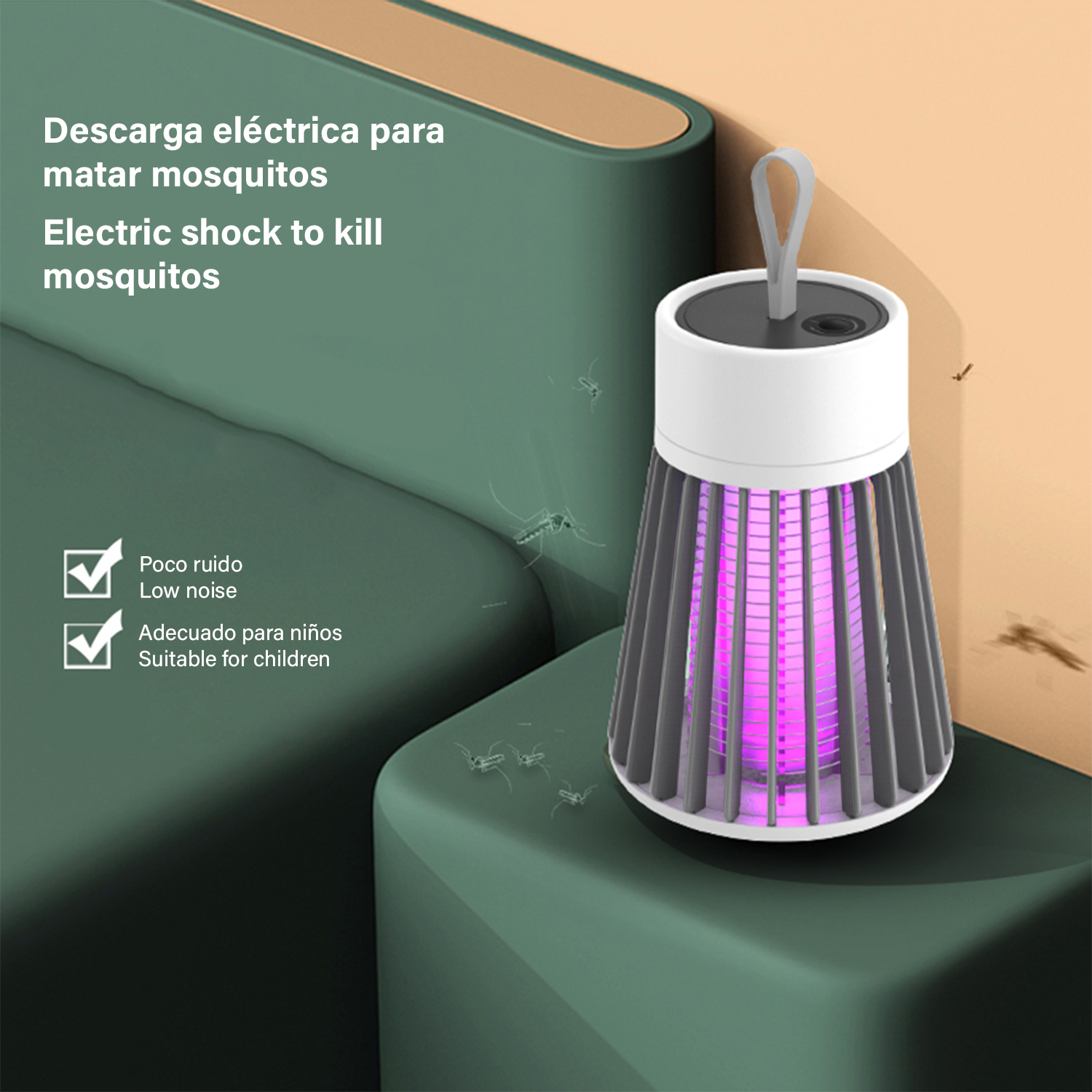 Un mata insectos blanco y gris con un brillo púrpura. Texto: Descarga eléctrica para matar mosquitos.