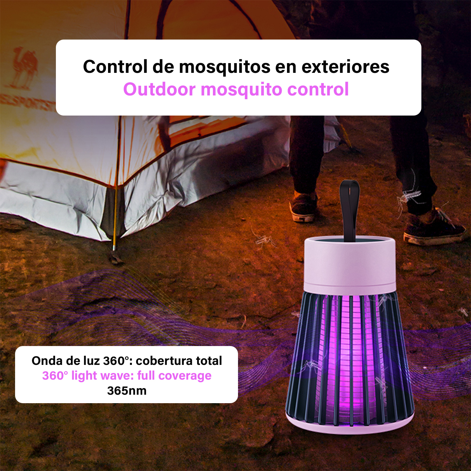 Un dispositivo de control de mosquitos para exteriores. Tiene una parte superior rosa y un cuerpo negro, similar a una rejilla, con luz púrpura.