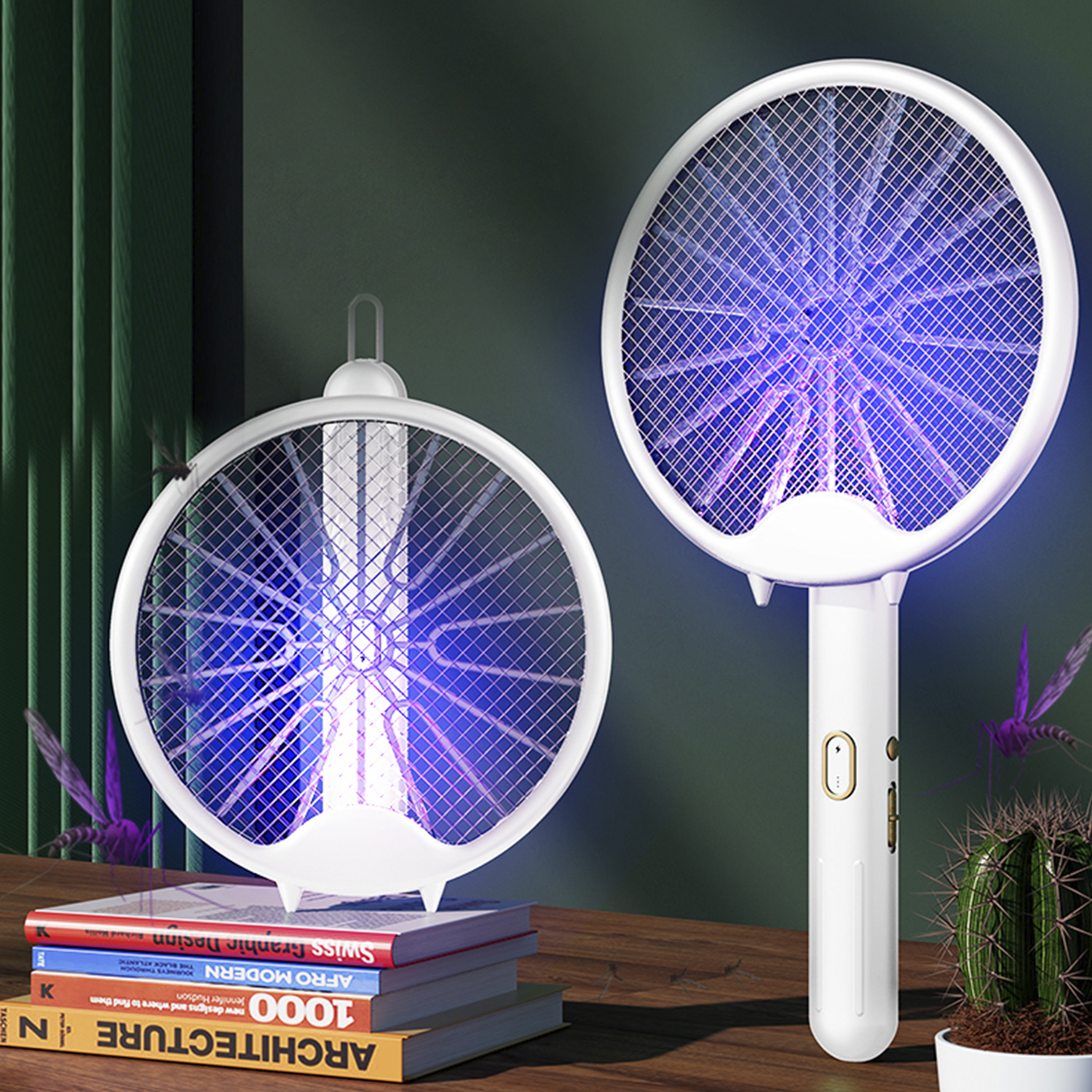 Dos matamoscas eléctricos blancos, con luz azul, sobre una superficie de madera.