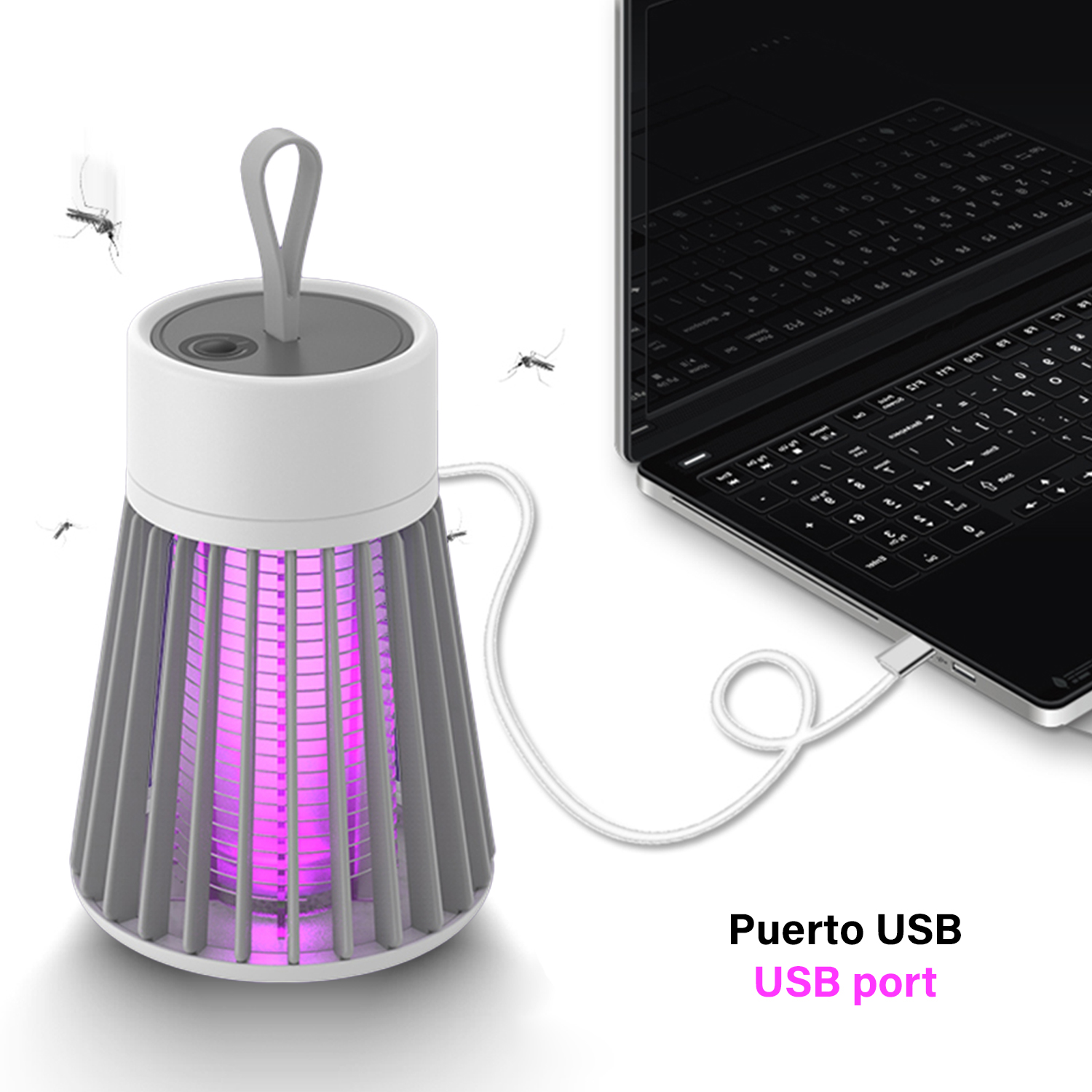 Una trampa para mosquitos blanca y gris con un portátil y mosquitos volando alrededor.
