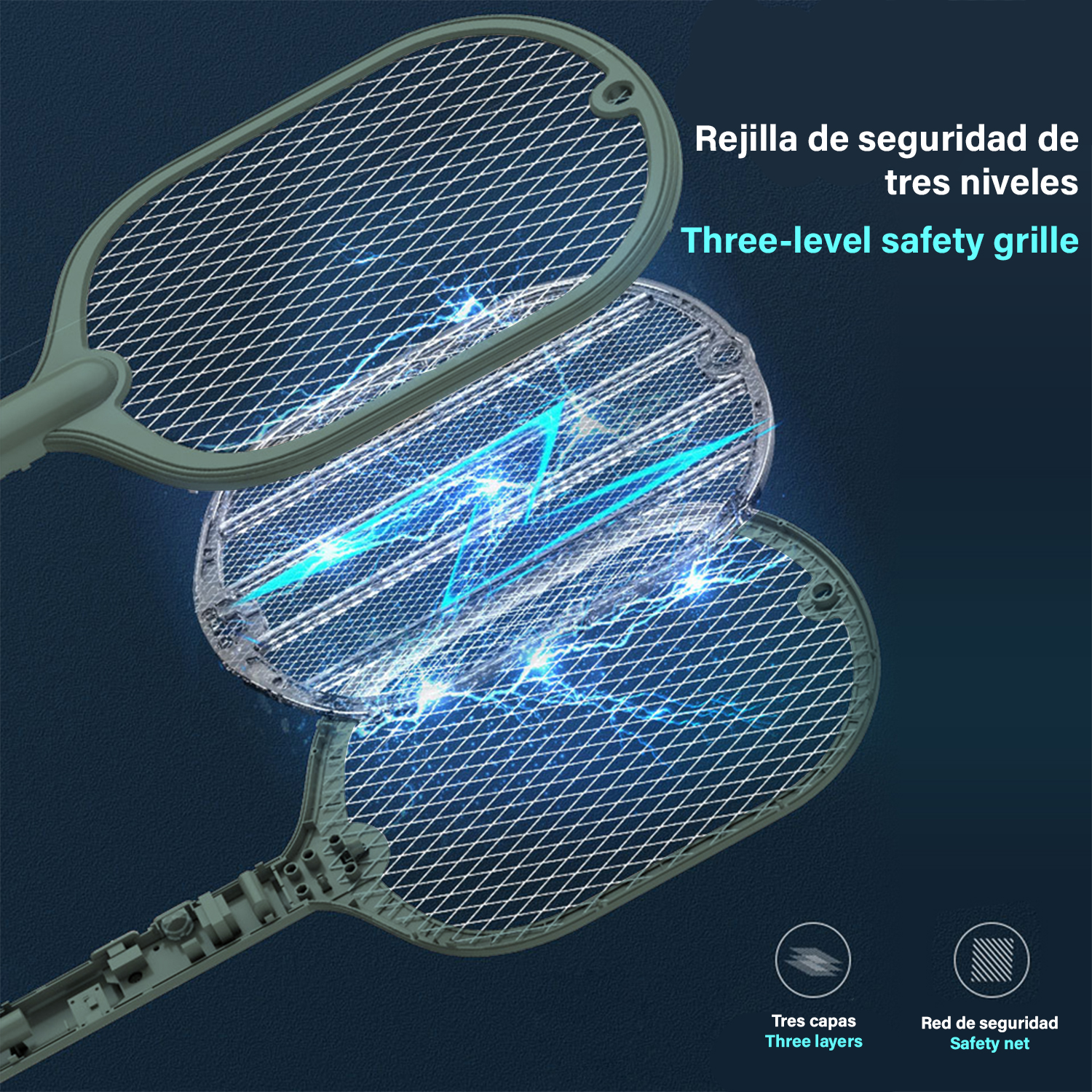 Mata moscas eléctrico de seguridad de tres capas con rayos de luz azul.
