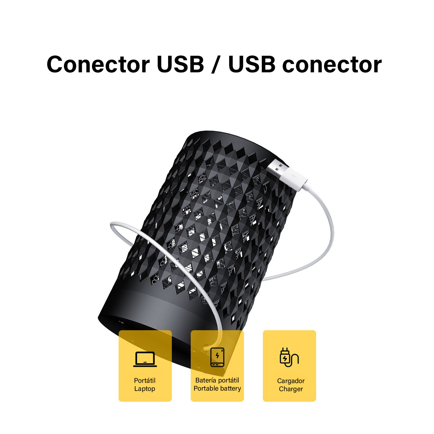Dispositivo cilíndrico negro con cable USB adjunto, acompañado de iconos para portátil, batería y cargador.