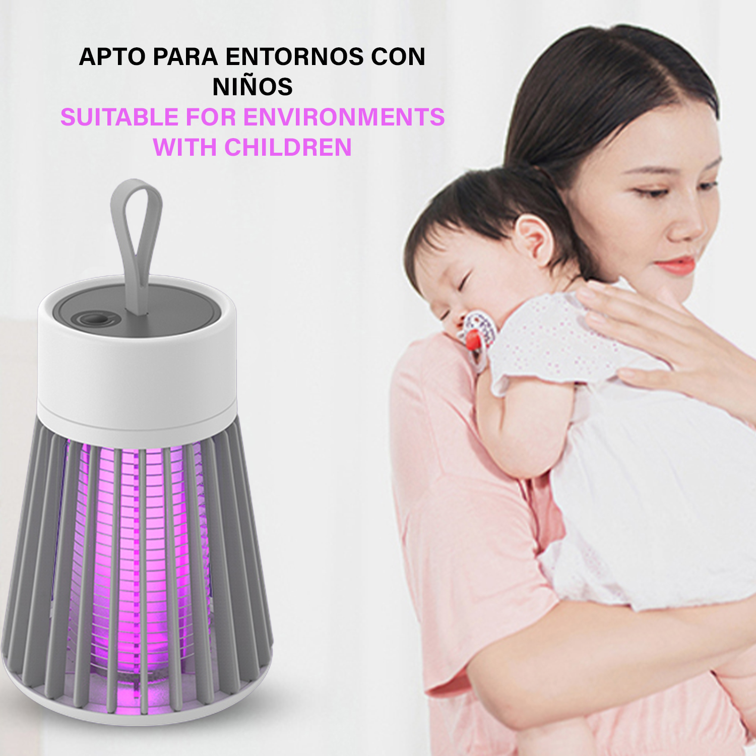 Una mujer sostiene a un niño junto a un repelente de mosquitos.