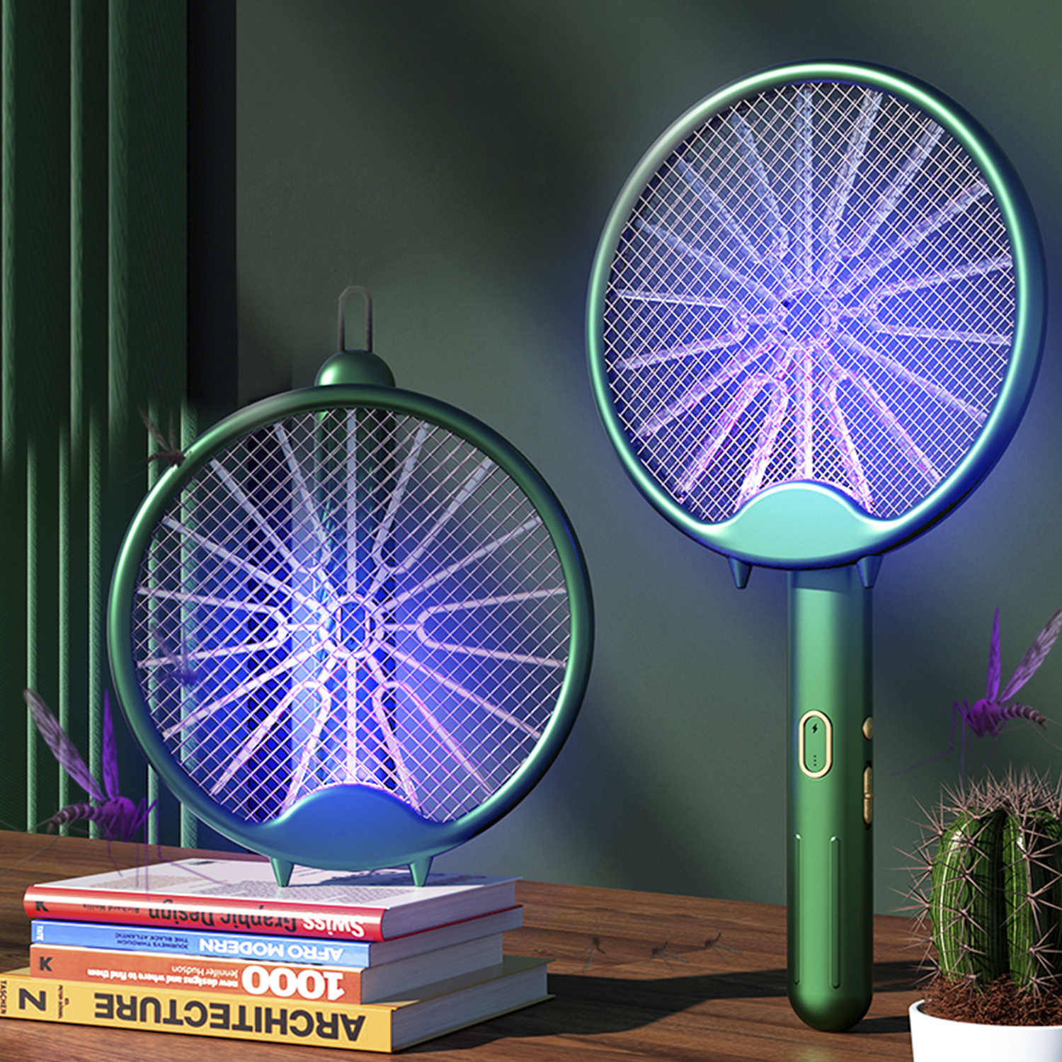 Dos raquetas eléctricas para mosquitos verdes con luz azul sobre superficie de madera, libros.