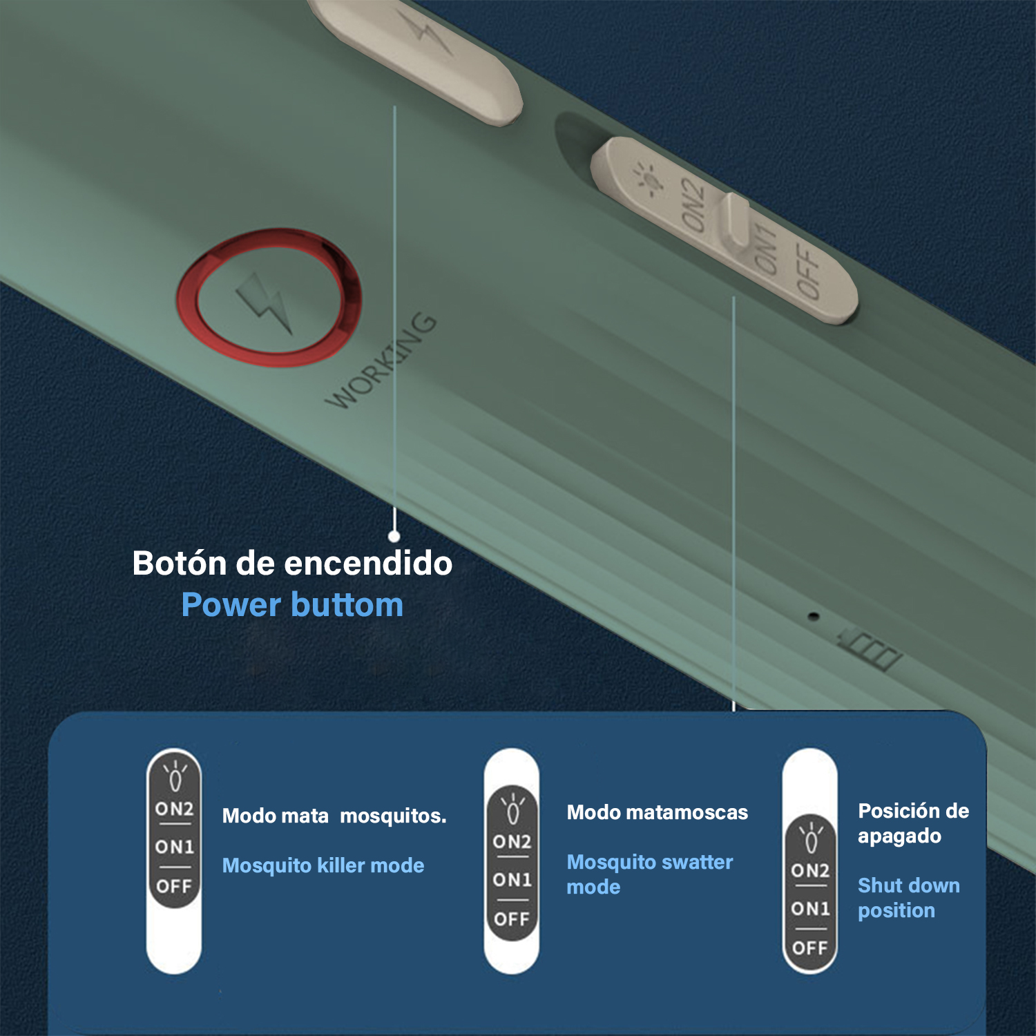 Primer plano de un dispositivo con botones y etiquetas, fondo azul.