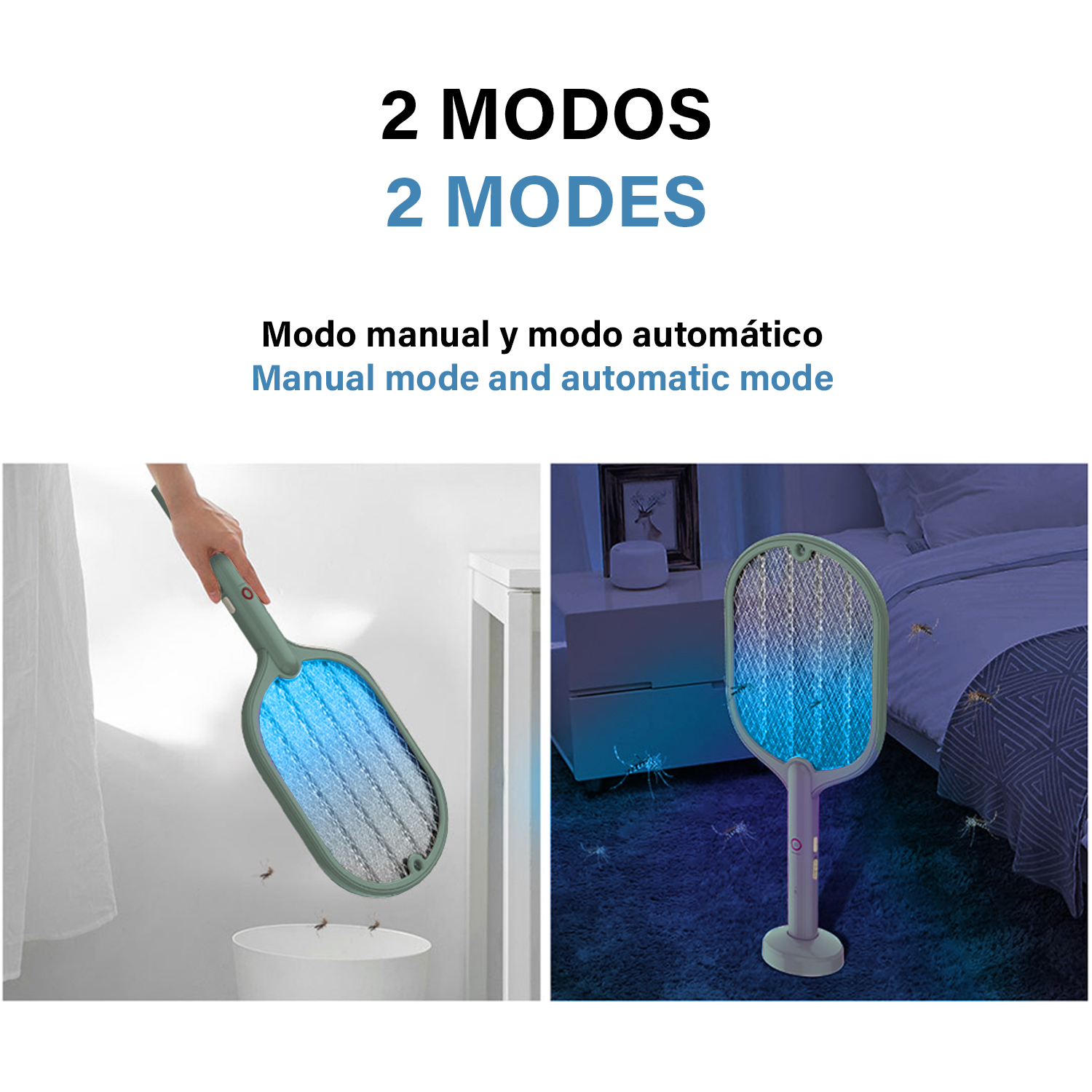 Racketa antimosquitos con luz azul, a la izquierda se usa. A la derecha está en un soporte.