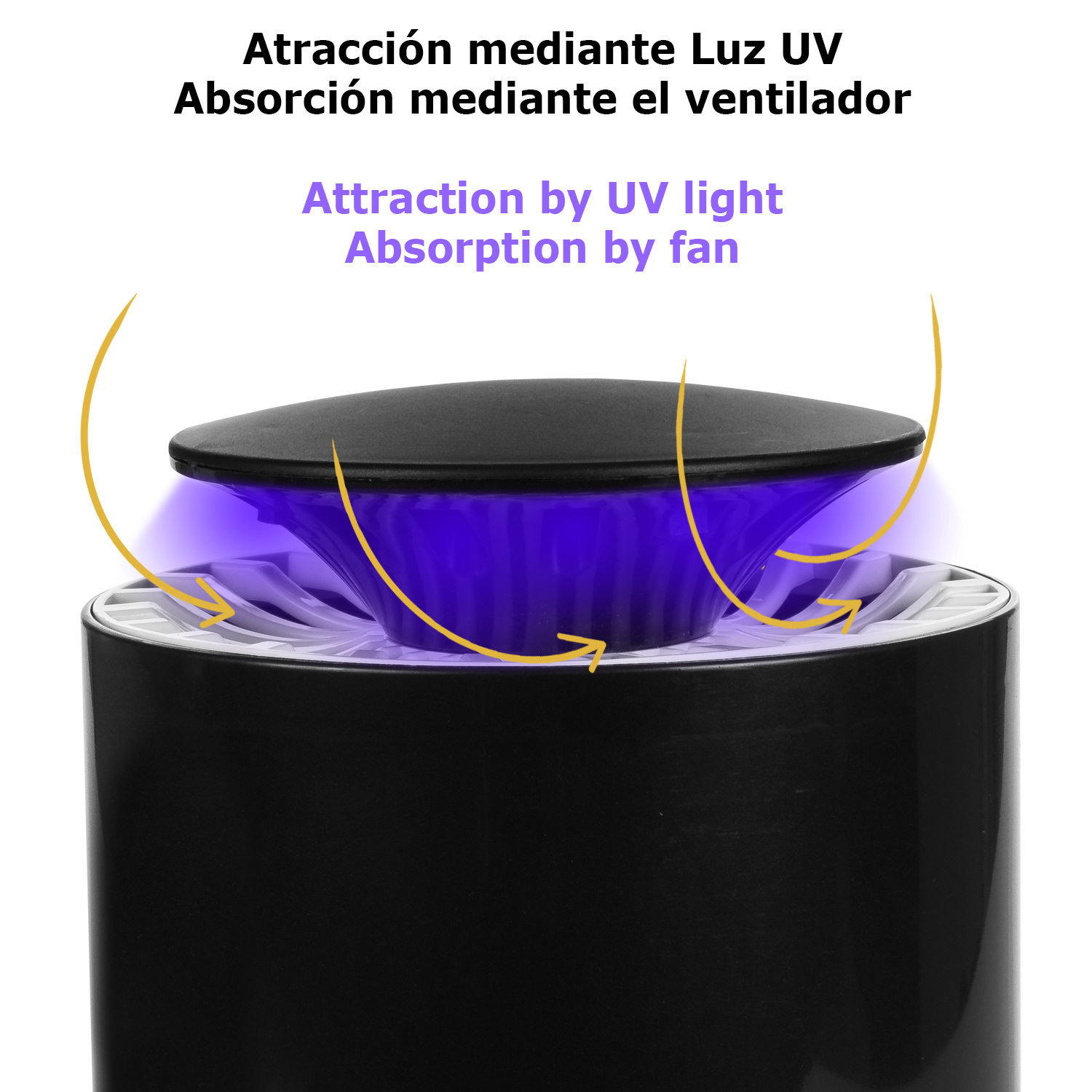 Un insecticida negro con luz UV púrpura y una tapa negra. Texto indica la función.