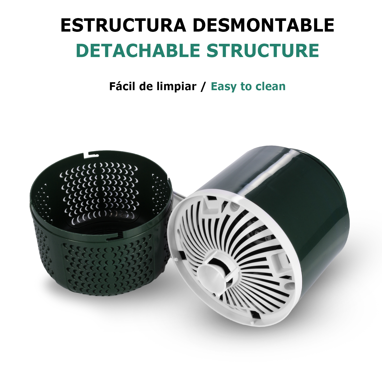Una trampa para insectos abierta con la estructura desmontable mostrada. Los colores son verde y blanco.