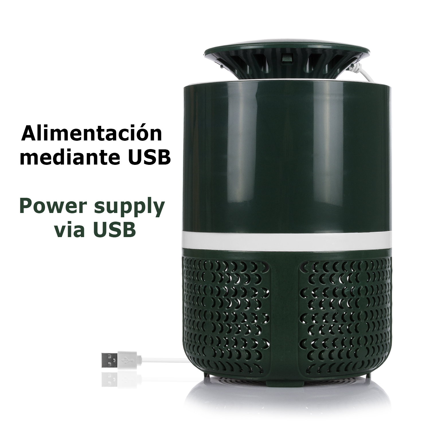 Un mata insectos verde y blanco alimentado por USB, con un cable USB.