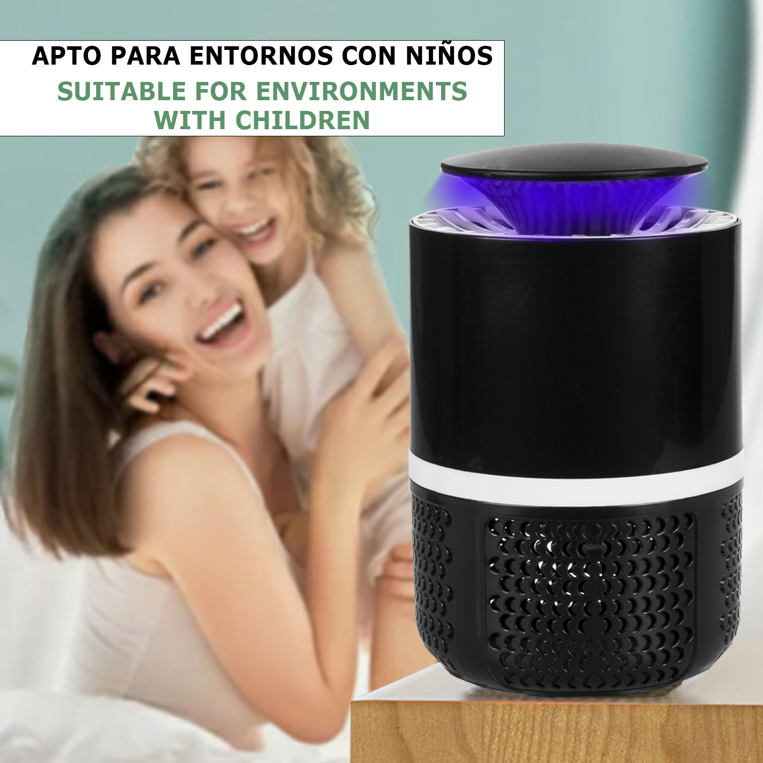 Una mujer y un niño con un matainsectos negro.