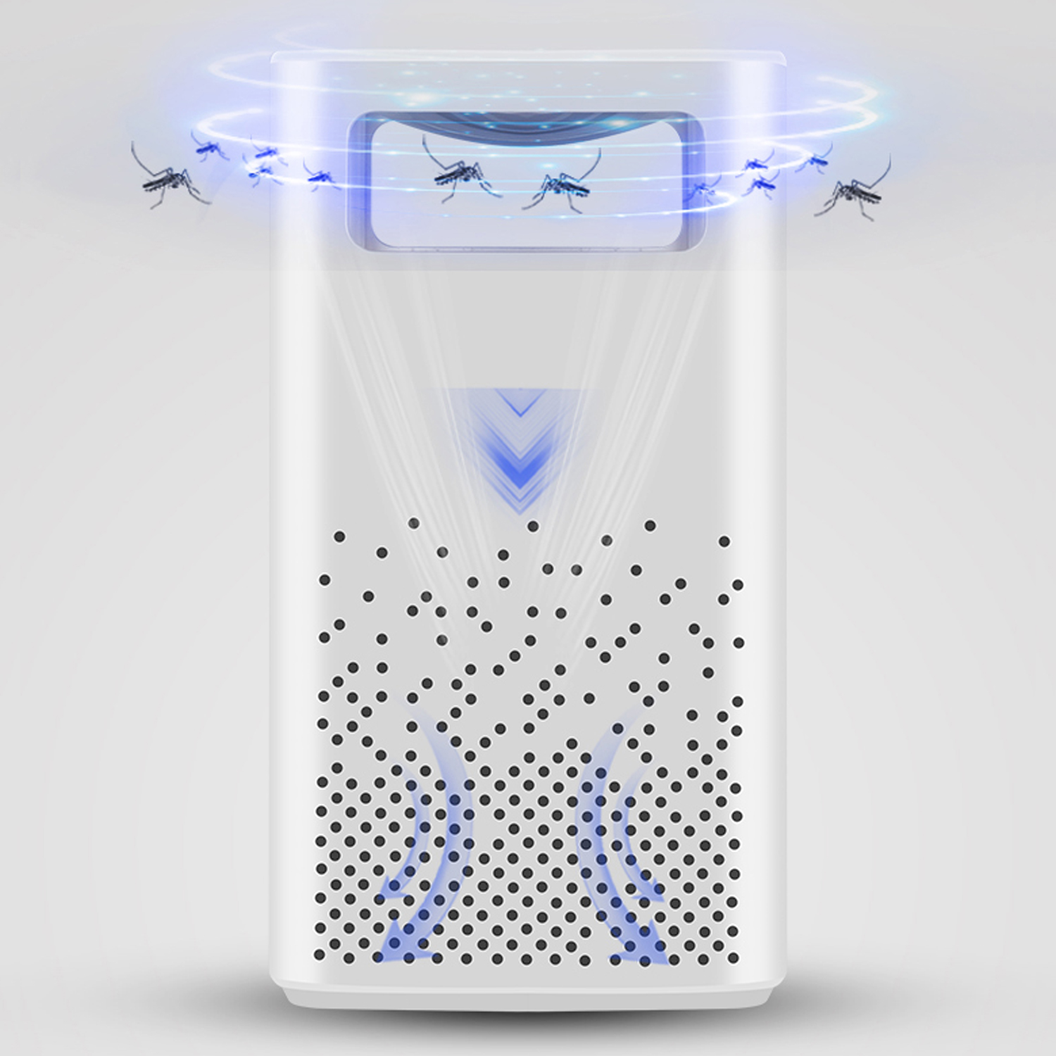 Una trampa para mosquitos blanca con una luz azul brillante, rodeada de mosquitos.