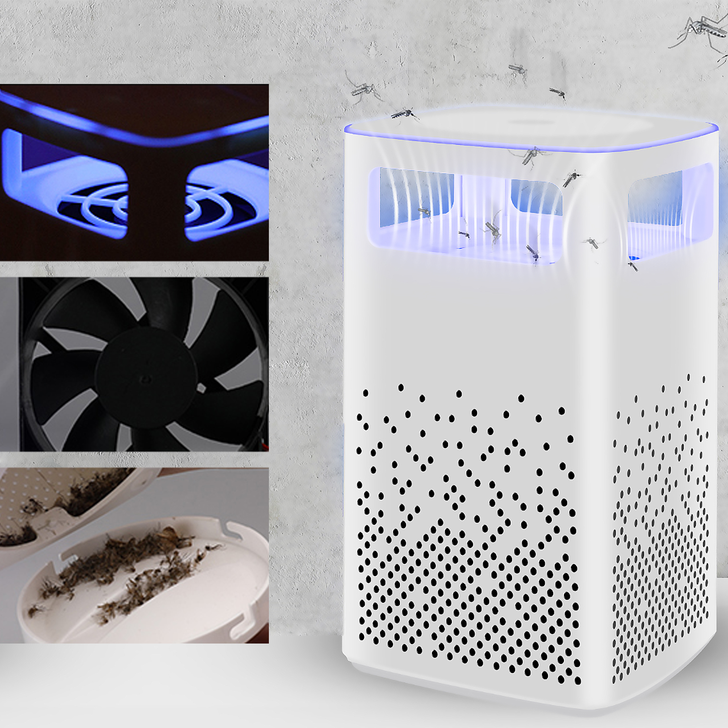 Trampa para mosquitos blanca con luz azul e insectos. Muestra detalles: ventilador, luz UV y trampa.