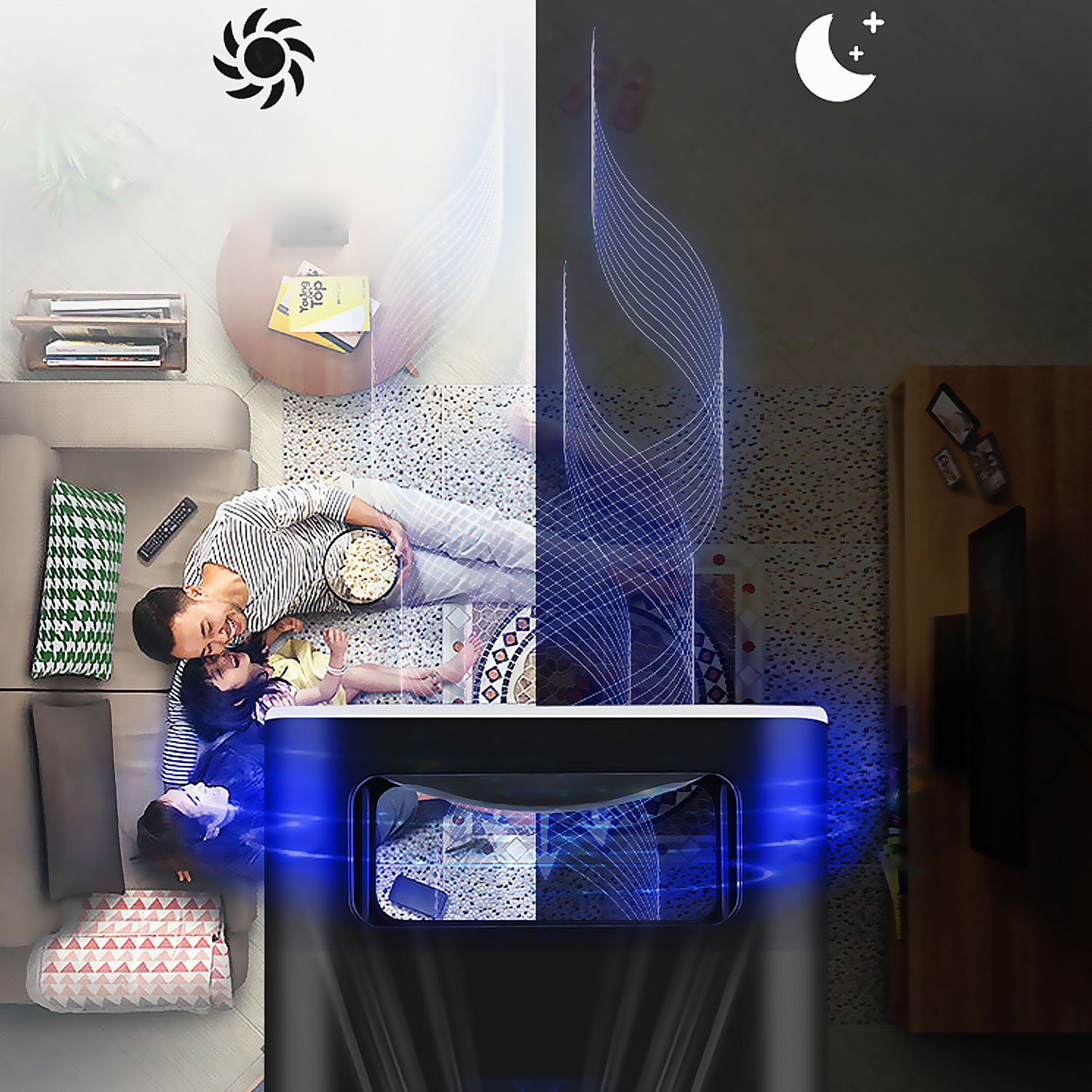 Un purificador de aire inteligente con una vista dividida de una sala de estar de día y de noche.