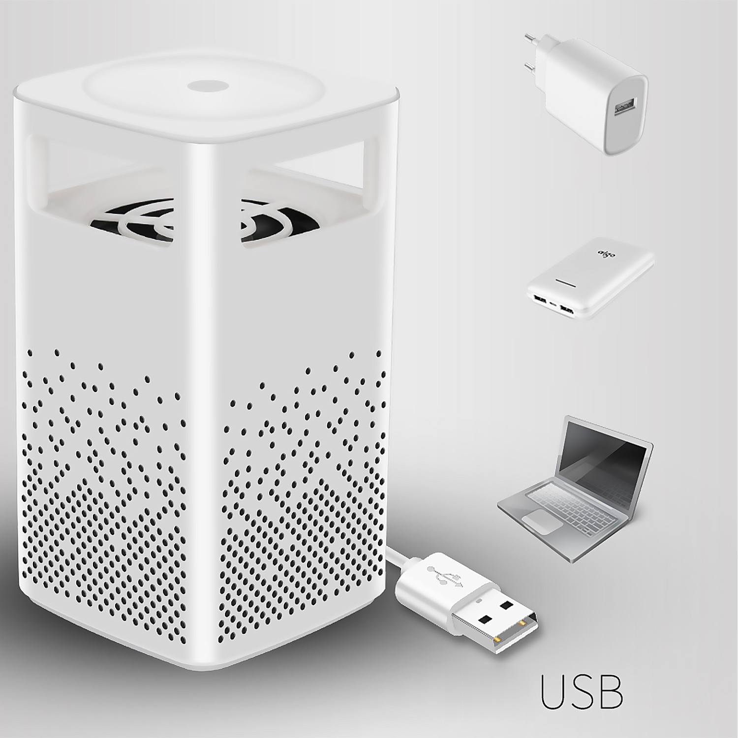 Mata mosquitos blanco con cable USB, portátil y adaptador de corriente.