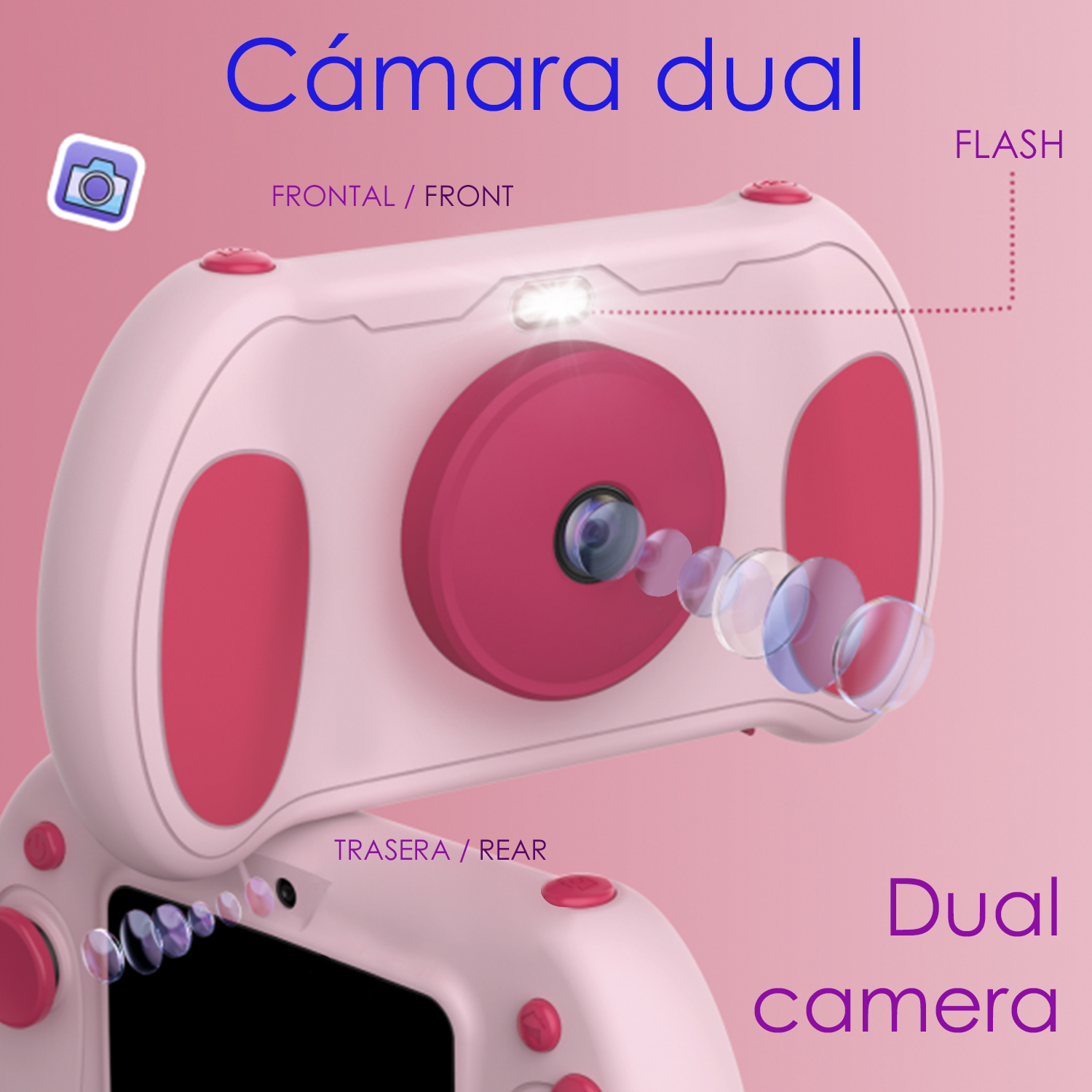Una doppia fotocamera rosa con testo in spagnolo, che evidenzia la fotocamera anteriore e posteriore.