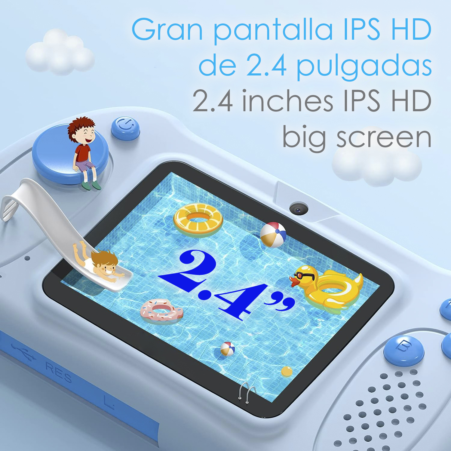 Console di gioco portatile blu con schermo che mostra una scena.