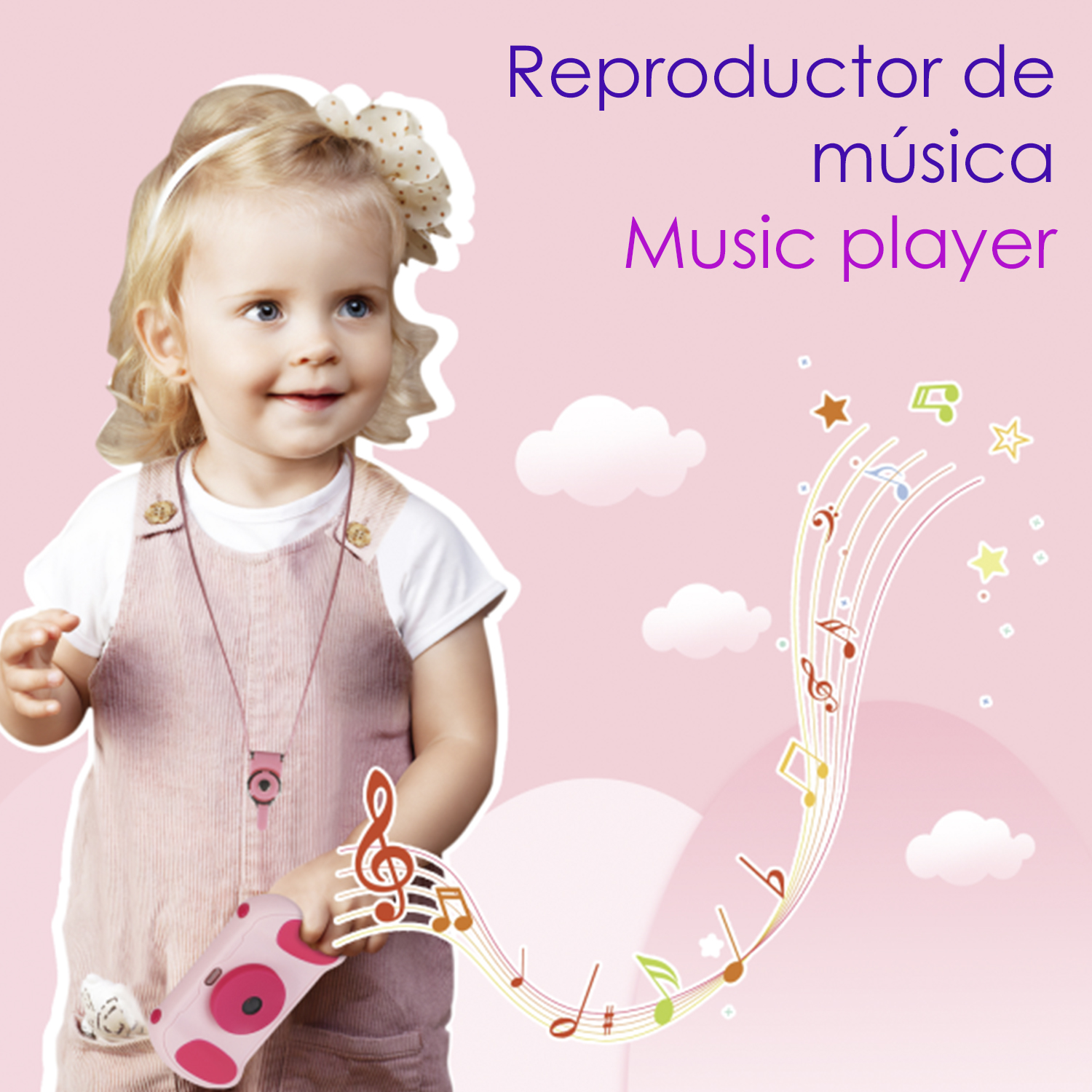Una bambina con un lettore musicale rosa, circondata da note musicali e nuvole.