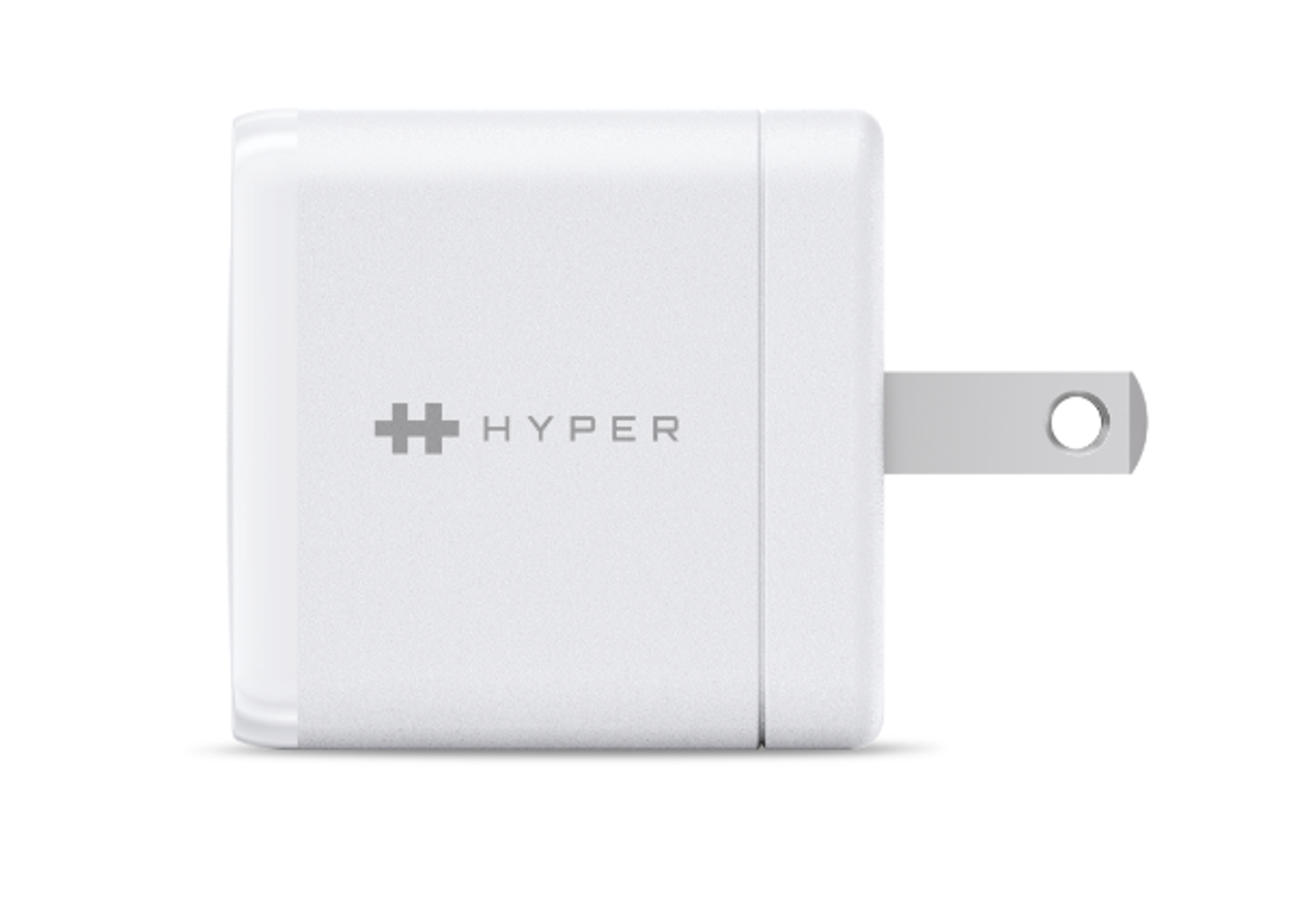 Cargador de pared cuadrado blanco con enchufe estadounidense y el logo de Hyper.