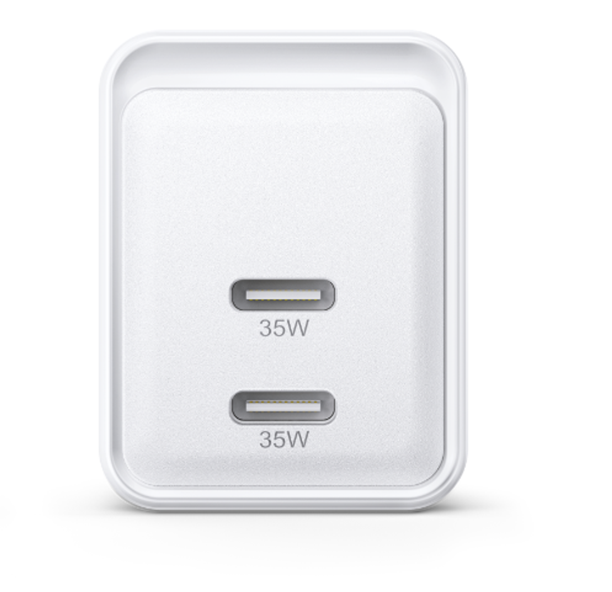 Cargador blanco con dos puertos USB-C, cada uno etiquetado 35W.