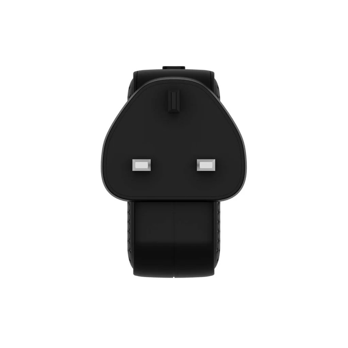 Un enchufe negro del Reino Unido con dos clavijas rectangulares y un fusible.