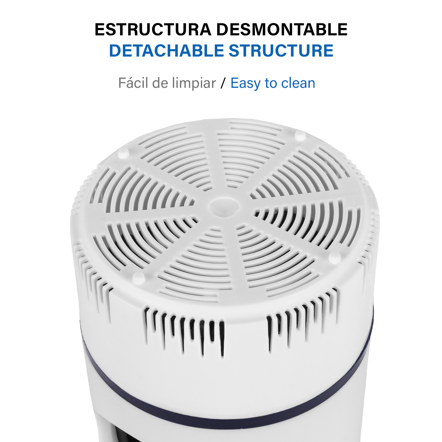 Componente blanco de purificador de aire con ventilación radial. Acento azul en la base.