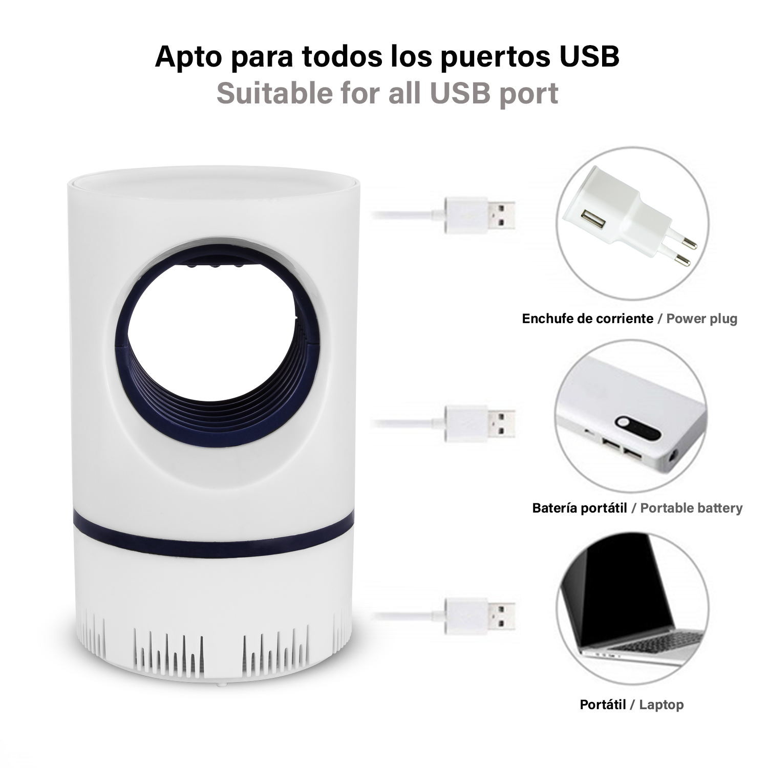 Insecticida blanco con conectores USB y enchufe. Muestra los puertos y la batería.