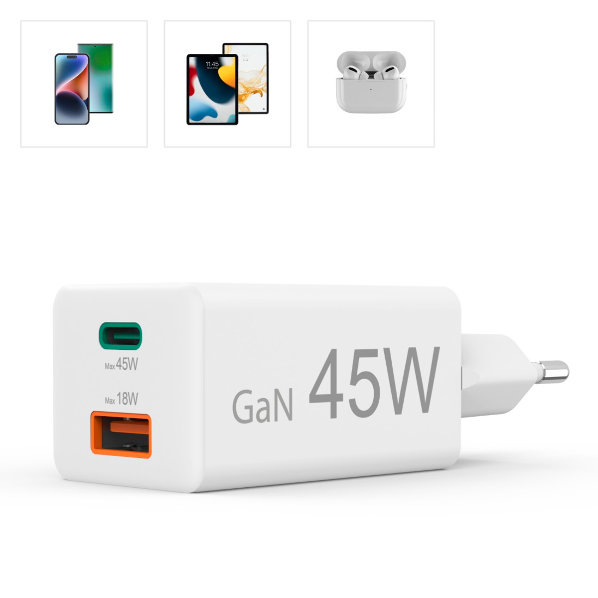 Ein weißes GaN 45W Ladegerät mit einer Auswahl an Mobilgeräten und Ohrhörern darüber.