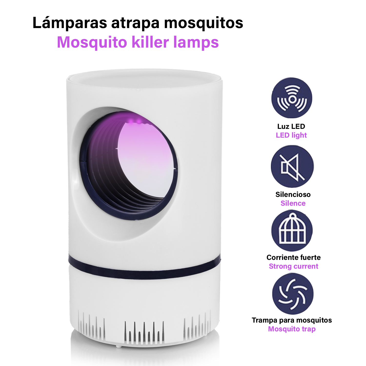 Lámpara matamosquitos blanca y negra, texto e iconos. Luz LED, silencio, corriente fuerte, trampa.