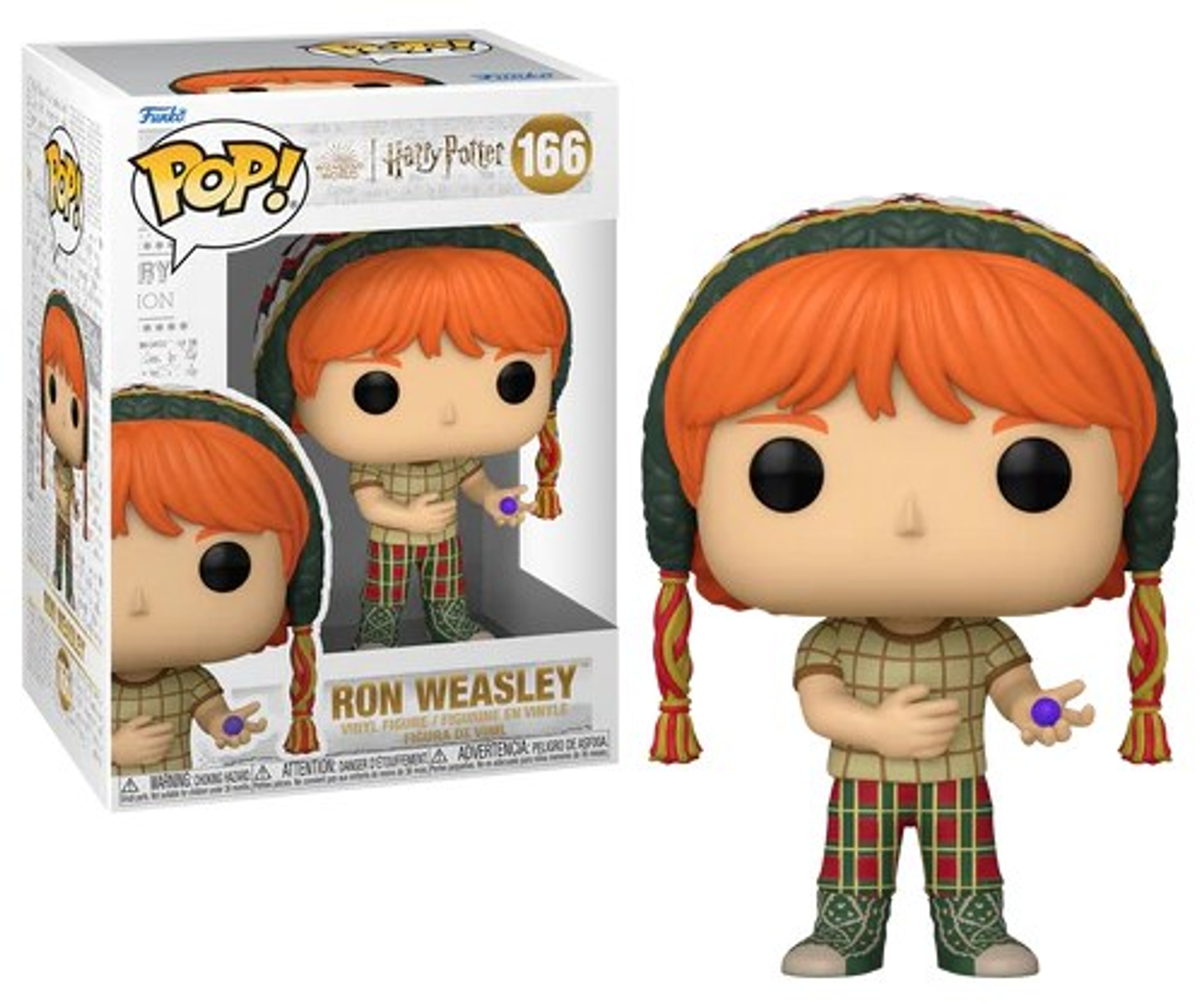 Eine Funko Pop Figur von Ron Weasley in einer Box und stehend. Er trägt einen Hut und hält einen lila Ball.