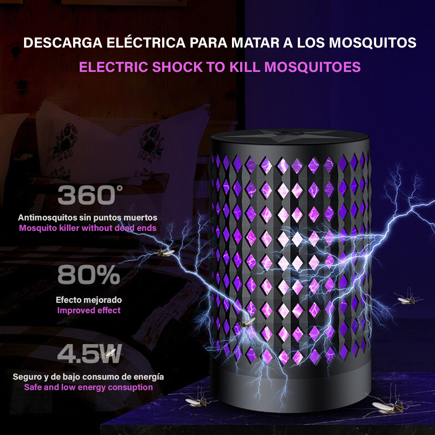 Un dispositivo para matar mosquitos con luz púrpura y chispas eléctricas, rodeado de mosquitos, con superposición de texto.