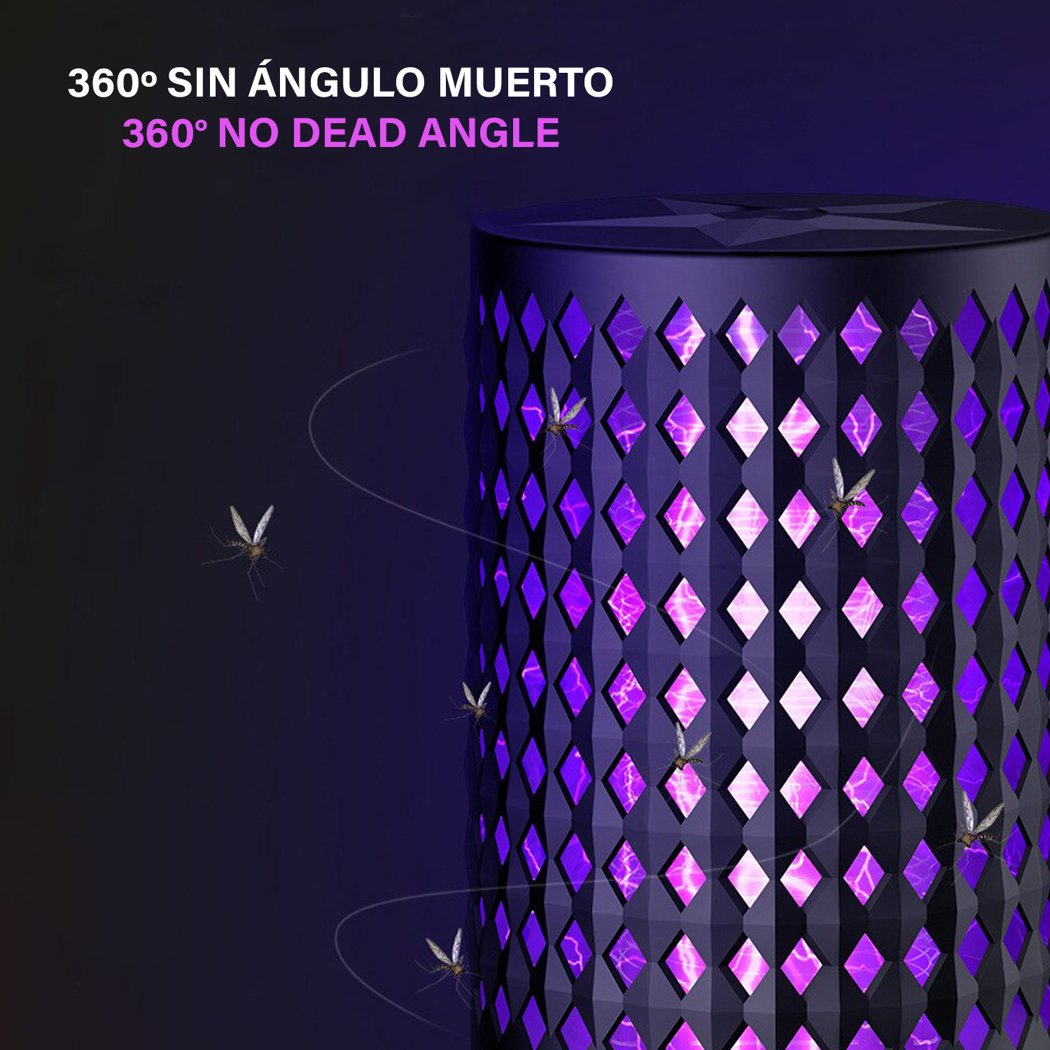 Repelente de mosquitos negro con luz púrpura. Insectos volando alrededor del dispositivo.