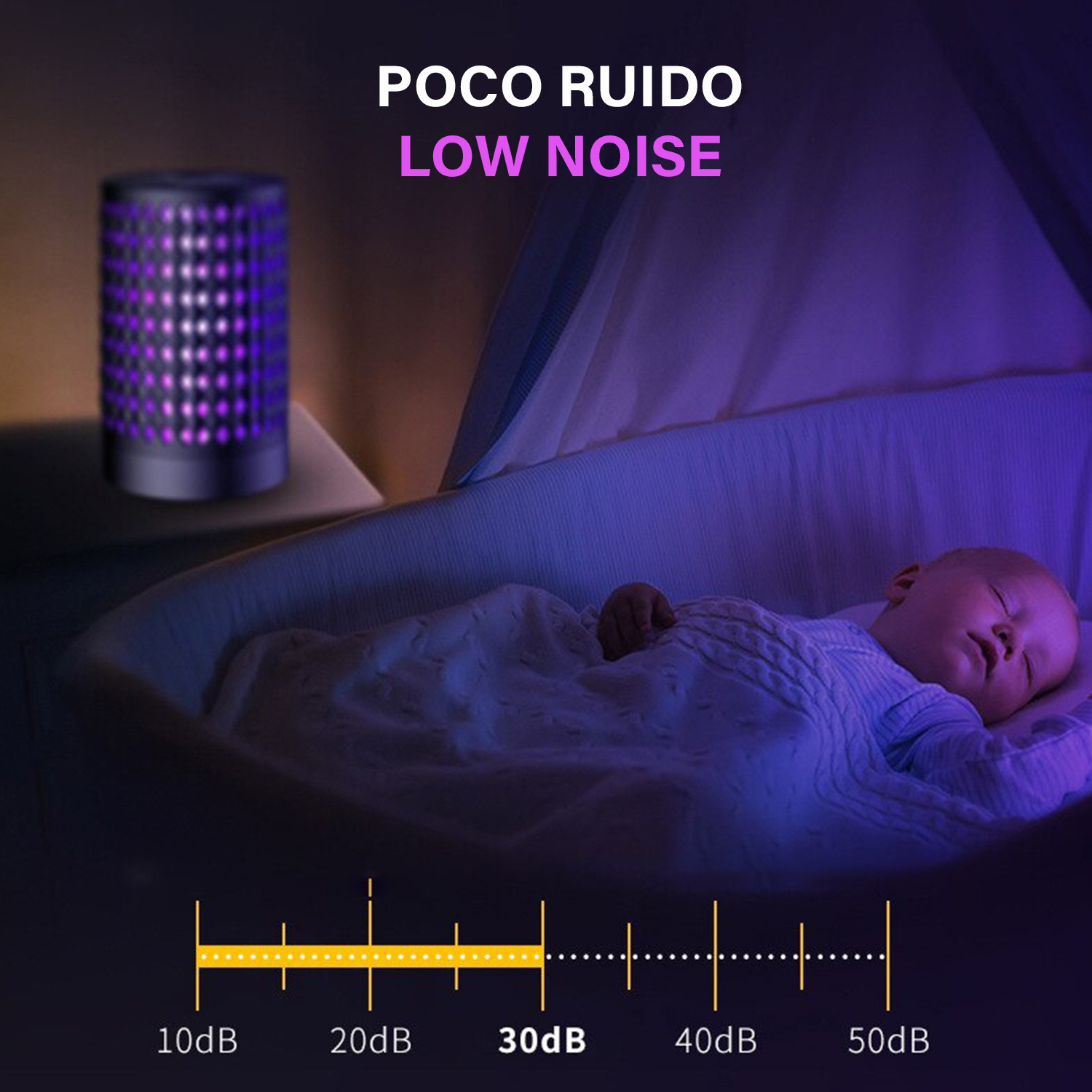 El bebé duerme en una cuna. El bajo nivel de ruido está indicado por un gráfico de nivel de sonido y una luz púrpura.