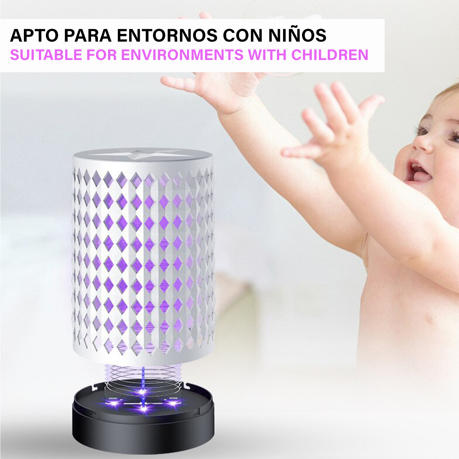 Bebé con un insecticida de luz UV. Texto: Apto para entornos con niños.